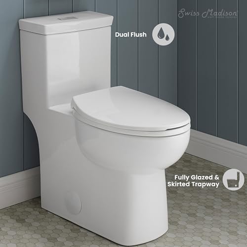 Swiss Madison SM-1T117 Classe One Piece Toilet, Modern Toilets For Bathrooms, ADA Toilet, Elongated Dual Flush 0.8/1.28 gpf, in Glossy White