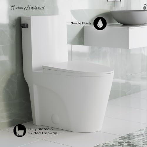 Swiss Madison St. Tropez One Piece Elongated Toilet Side Flush 1.28 gpf with Black Hardware, Glossy White