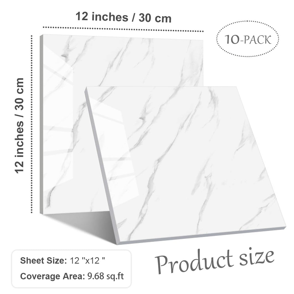 10-Pack Peel and Stick Backsplash Tiles – Glossy PVC Wall Panels, White Shower Tiles, 12" x 12" (9.68 Sq. Ft.), Waterproof Self-Adhesive for Bathroom & Kitchen, Realistic Marble-Like Finish
