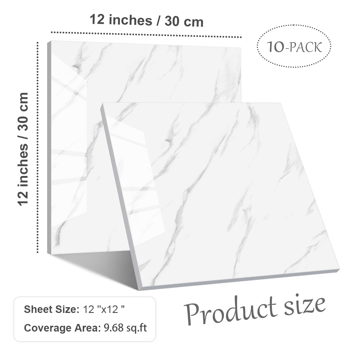 10-Pack Peel and Stick Backsplash Tiles – Glossy PVC Wall Panels, White Shower Tiles, 12" x 12" (9.68 Sq. Ft.), Waterproof Self-Adhesive for Bathroom & Kitchen, Realistic Marble-Like Finish