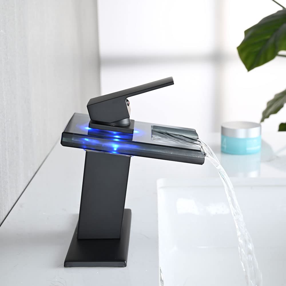 AVSIILE LED Bathroom Sink Faucet, Matte Black Waterfall Single Hole Handle Vanity Faucets for Sinks 1 Hole with Metal Pop Up Drain and 2 Water Supply Lines, Open Glass Spout