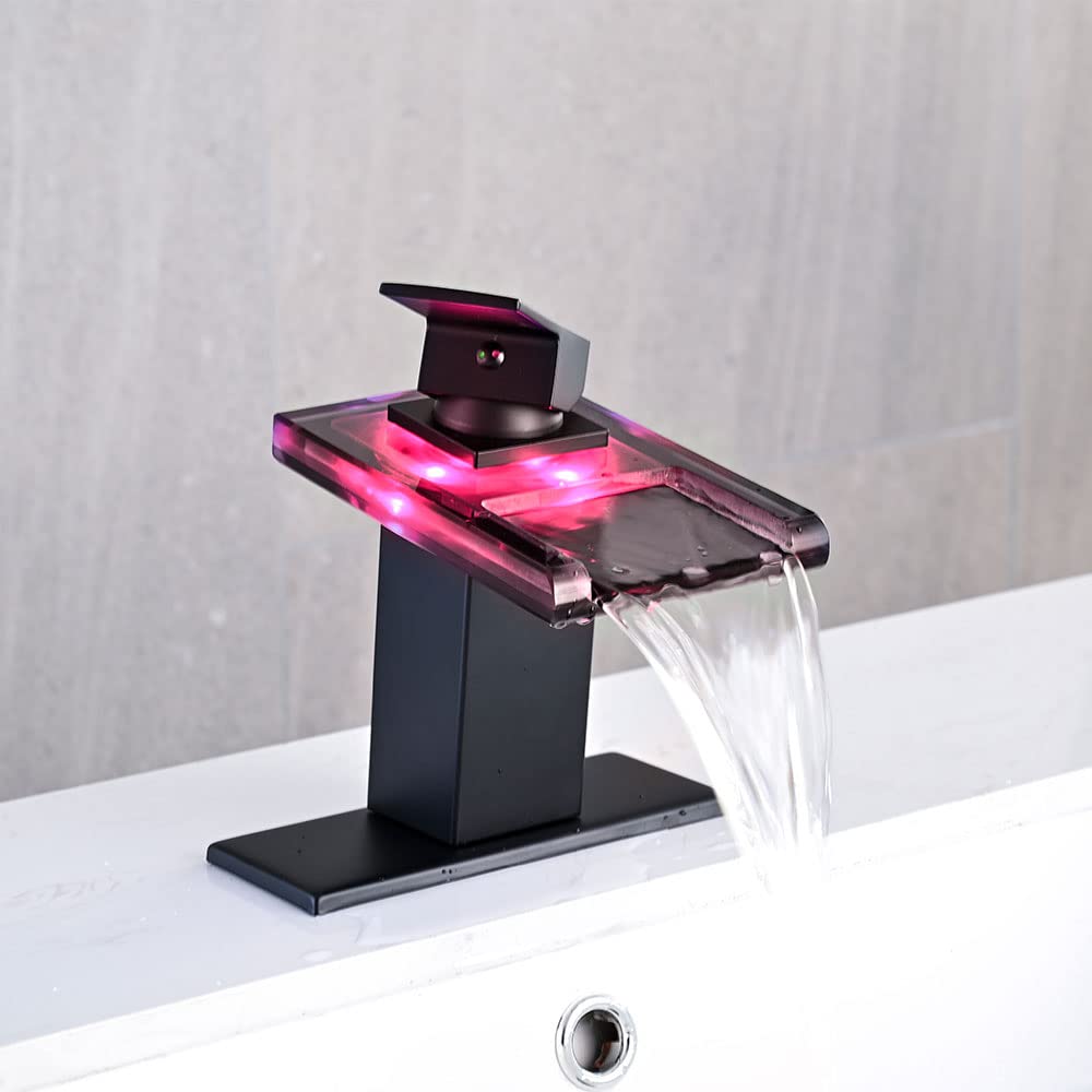 AVSIILE LED Bathroom Sink Faucet, Matte Black Waterfall Single Hole Handle Vanity Faucets for Sinks 1 Hole with Metal Pop Up Drain and 2 Water Supply Lines, Open Glass Spout