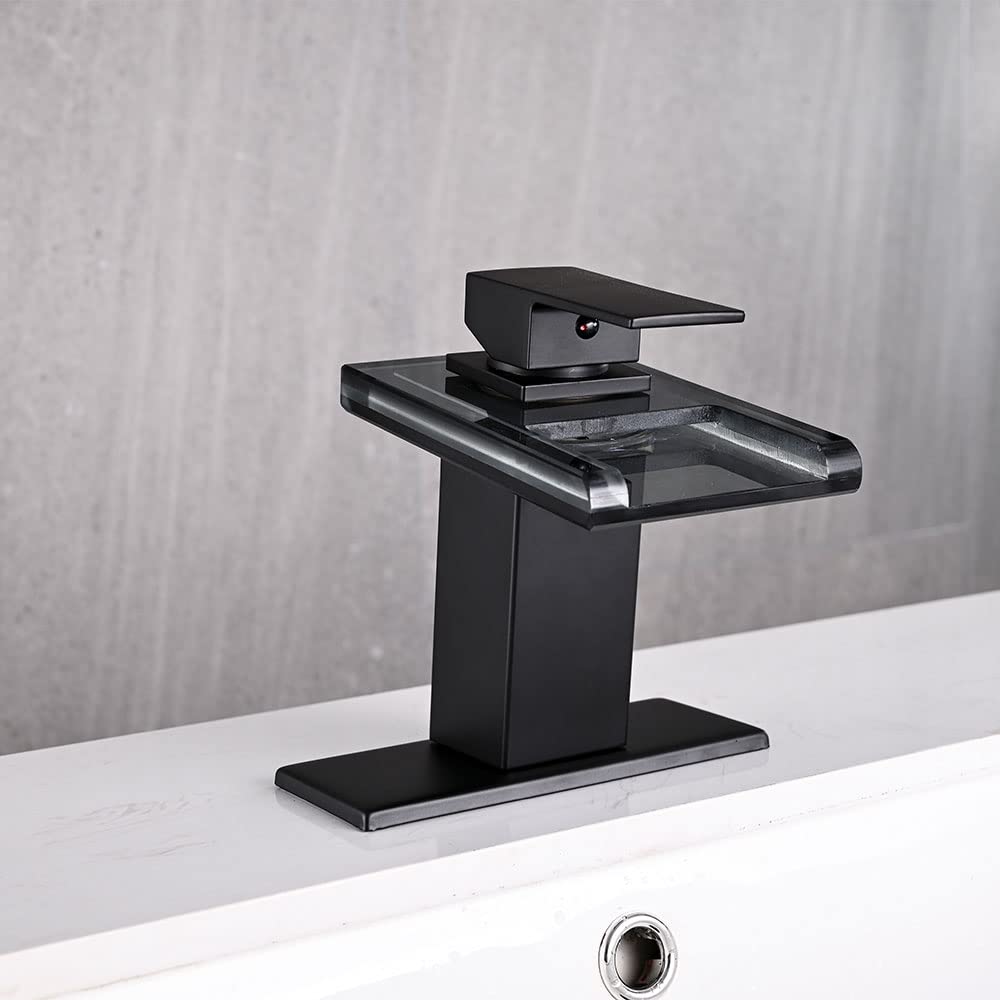 AVSIILE LED Bathroom Sink Faucet, Matte Black Waterfall Single Hole Handle Vanity Faucets for Sinks 1 Hole with Metal Pop Up Drain and 2 Water Supply Lines, Open Glass Spout