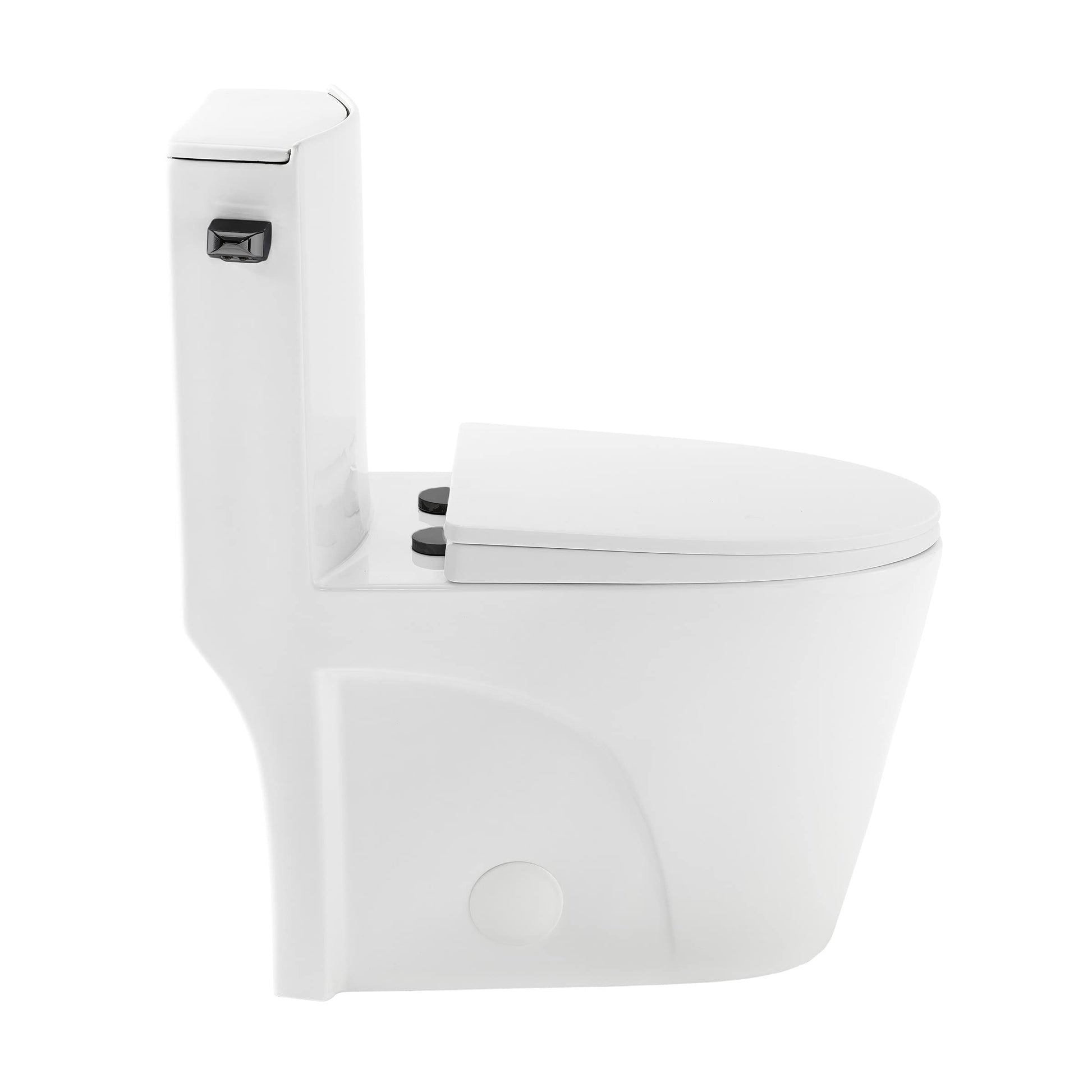Swiss Madison St. Tropez One Piece Elongated Toilet Side Flush 1.28 gpf with Black Hardware, Glossy White