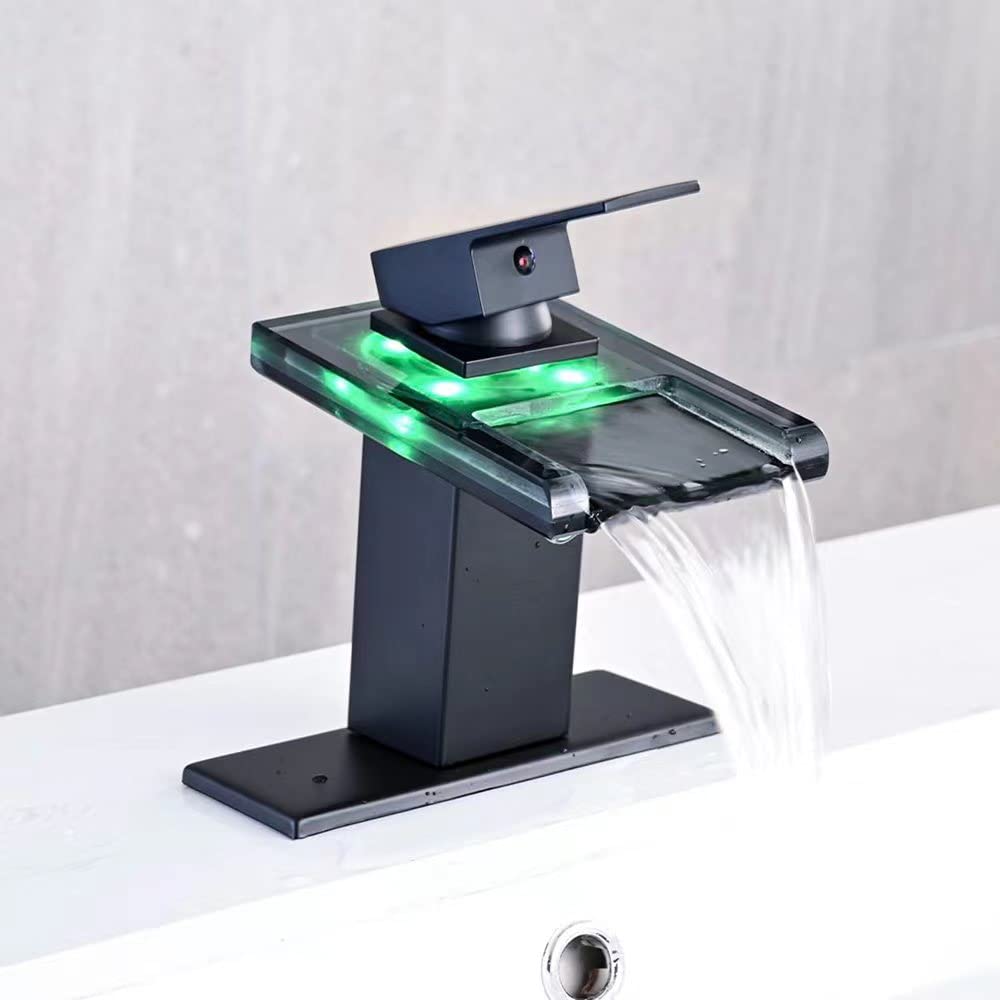 AVSIILE LED Bathroom Sink Faucet, Matte Black Waterfall Single Hole Handle Vanity Faucets for Sinks 1 Hole with Metal Pop Up Drain and 2 Water Supply Lines, Open Glass Spout