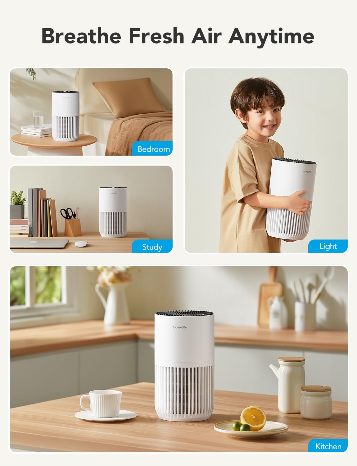 GoveeLife Mini Air Purifier for Bedroom, Smart Filter Air Purifier with App Alexa Control for Pet Hair, Odors, Pollen, Smoke, Portable Air Cleaner with 3 Speeds, 2 Modes, Timer, Aroma for Home