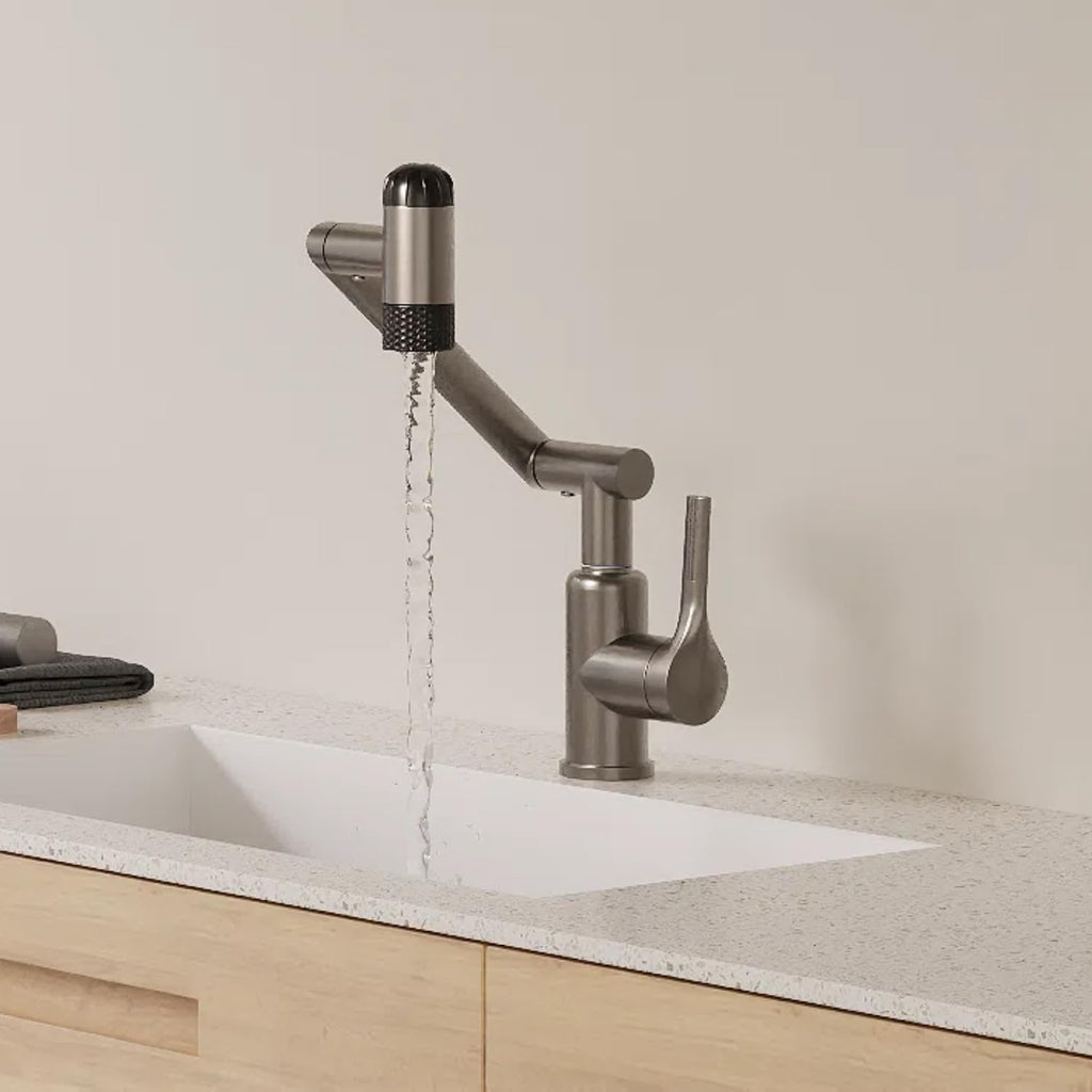 Hawkrown 1080° Rotatable Bathroom Faucet, 1 Hole Single Handle with 4 Water Outlet Modes, Brushed Gray Swivel Arm Faucet for Bathroom Kitchen and RV