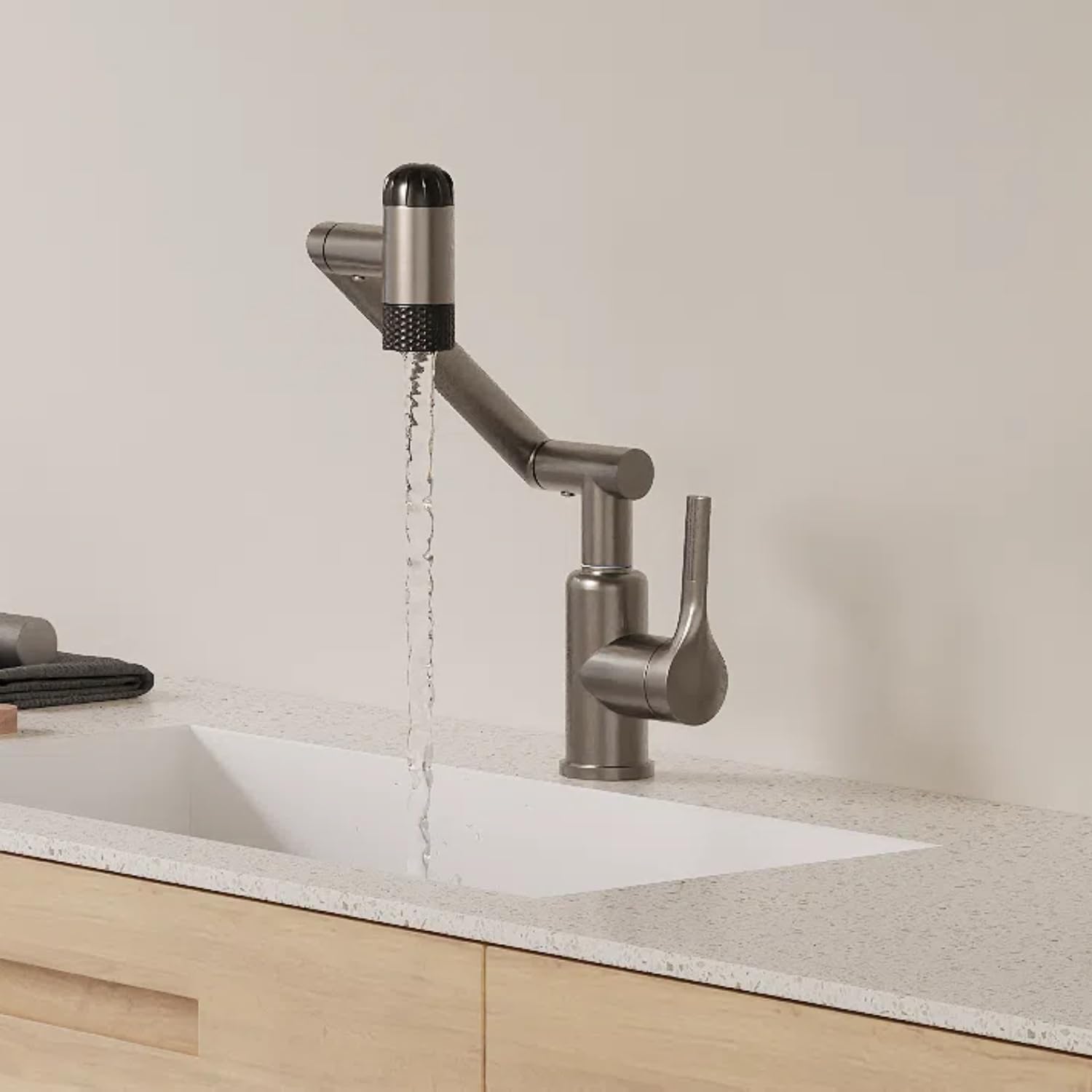 Hawkrown 1080° Rotatable Bathroom Faucet, 1 Hole Single Handle with 4 Water Outlet Modes, Brushed Gray Swivel Arm Faucet for Bathroom Kitchen and RV