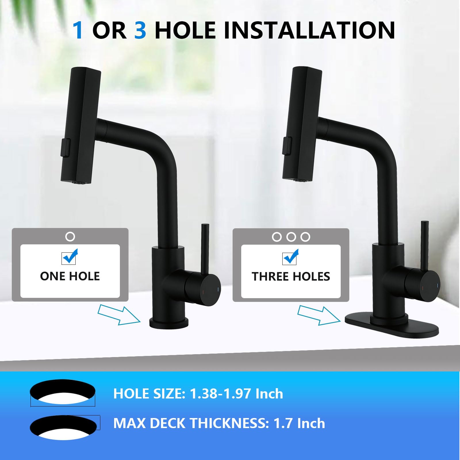 TRIPHIL Waterfall Bathroom Faucets with 3 Mode Pull Down Sprayer,Single Handle Modern Bath Sink Faucet with Pop Up Drain and Deck Plate,Matte Black 1 Hole RV, Bar,Restroom,Lavatory,Vanity Tap
