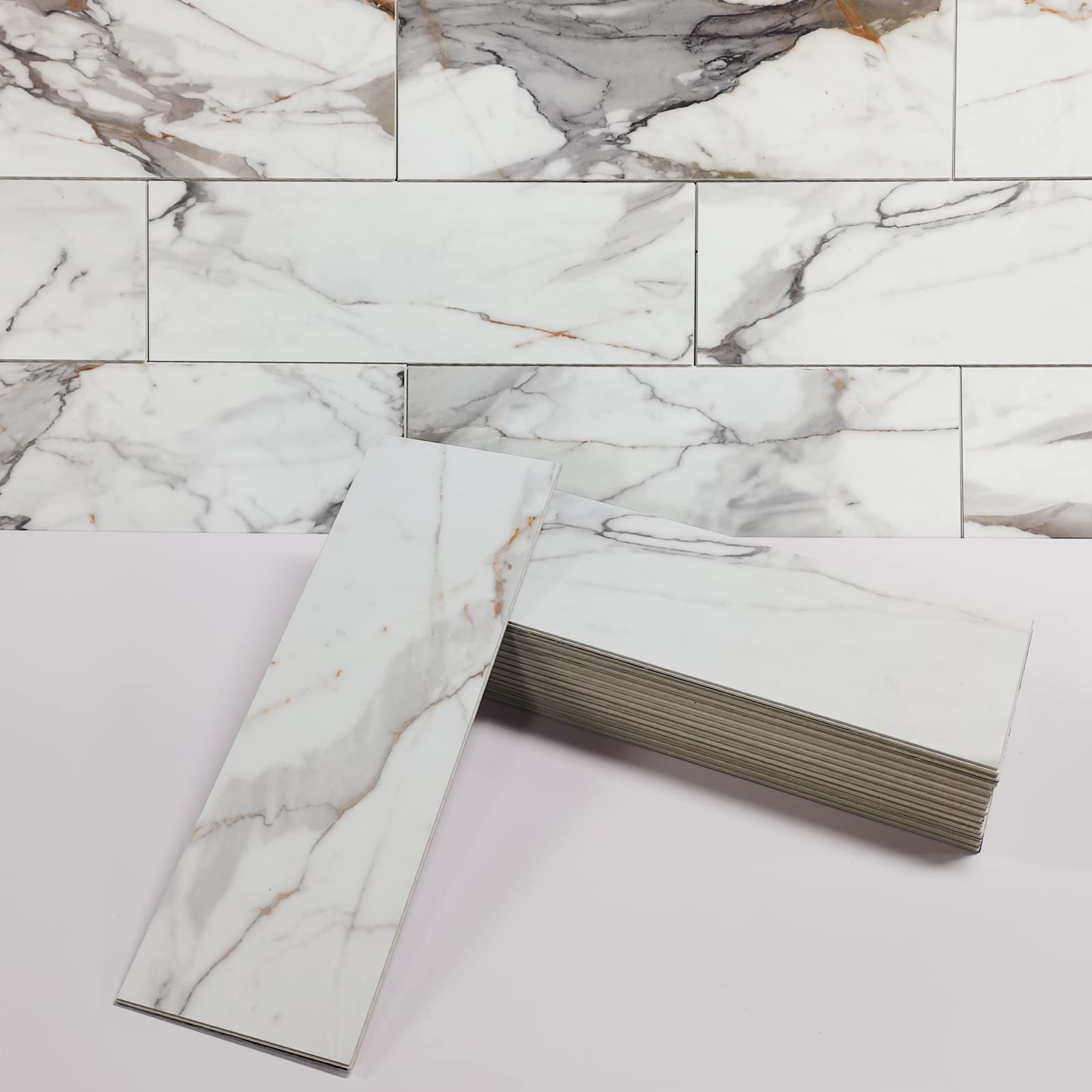 INNO STICKERS 30-Sheet Marble Subway Tile Peel and Stick Tile, 4 in. x 12 in. Stone Composite Waterproof Backsplash Tiles for Kitchen, Bathroom, Fireplace(Gold Marble)