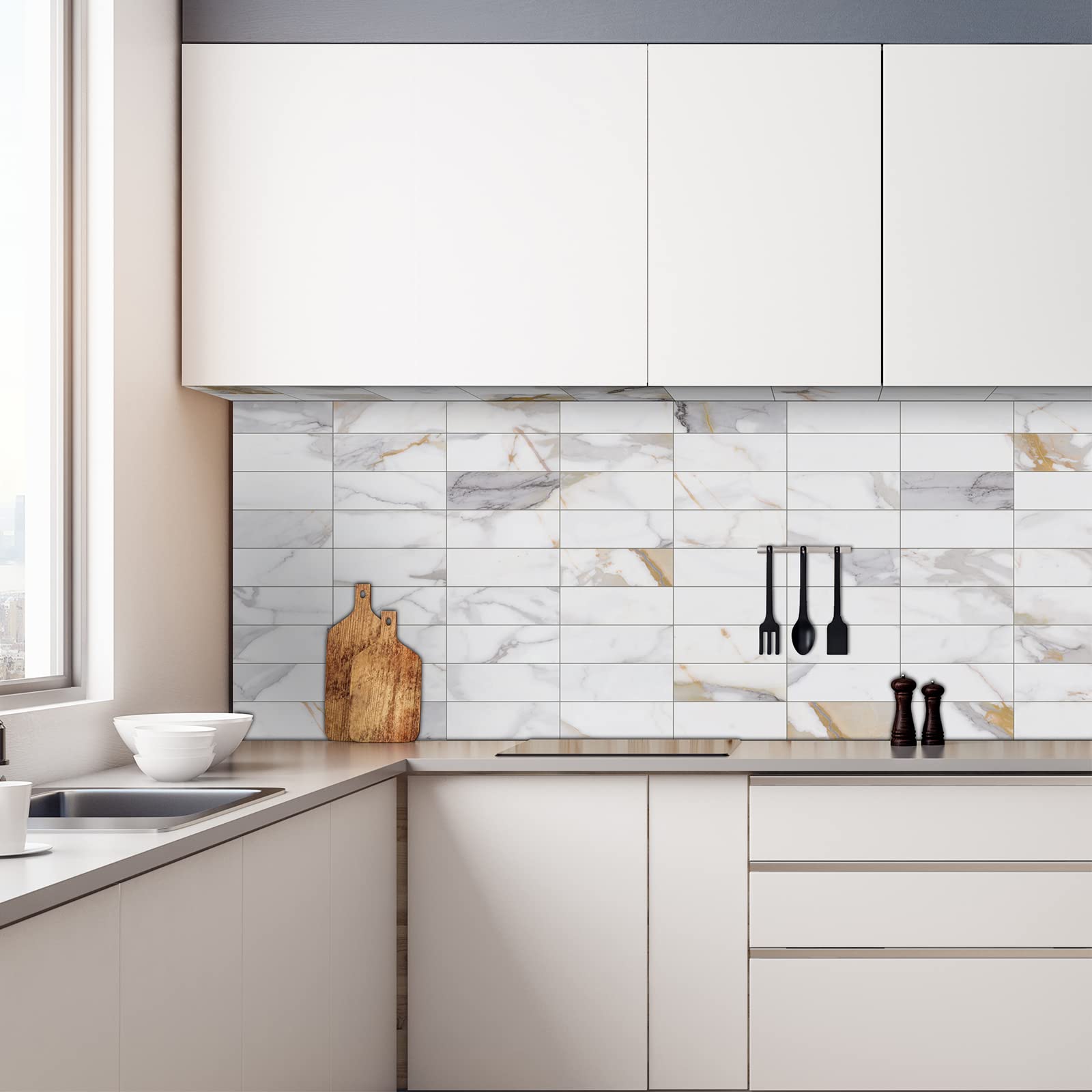 INNO STICKERS 30-Sheet Marble Subway Tile Peel and Stick Tile, 4 in. x 12 in. Stone Composite Waterproof Backsplash Tiles for Kitchen, Bathroom, Fireplace(Gold Marble)
