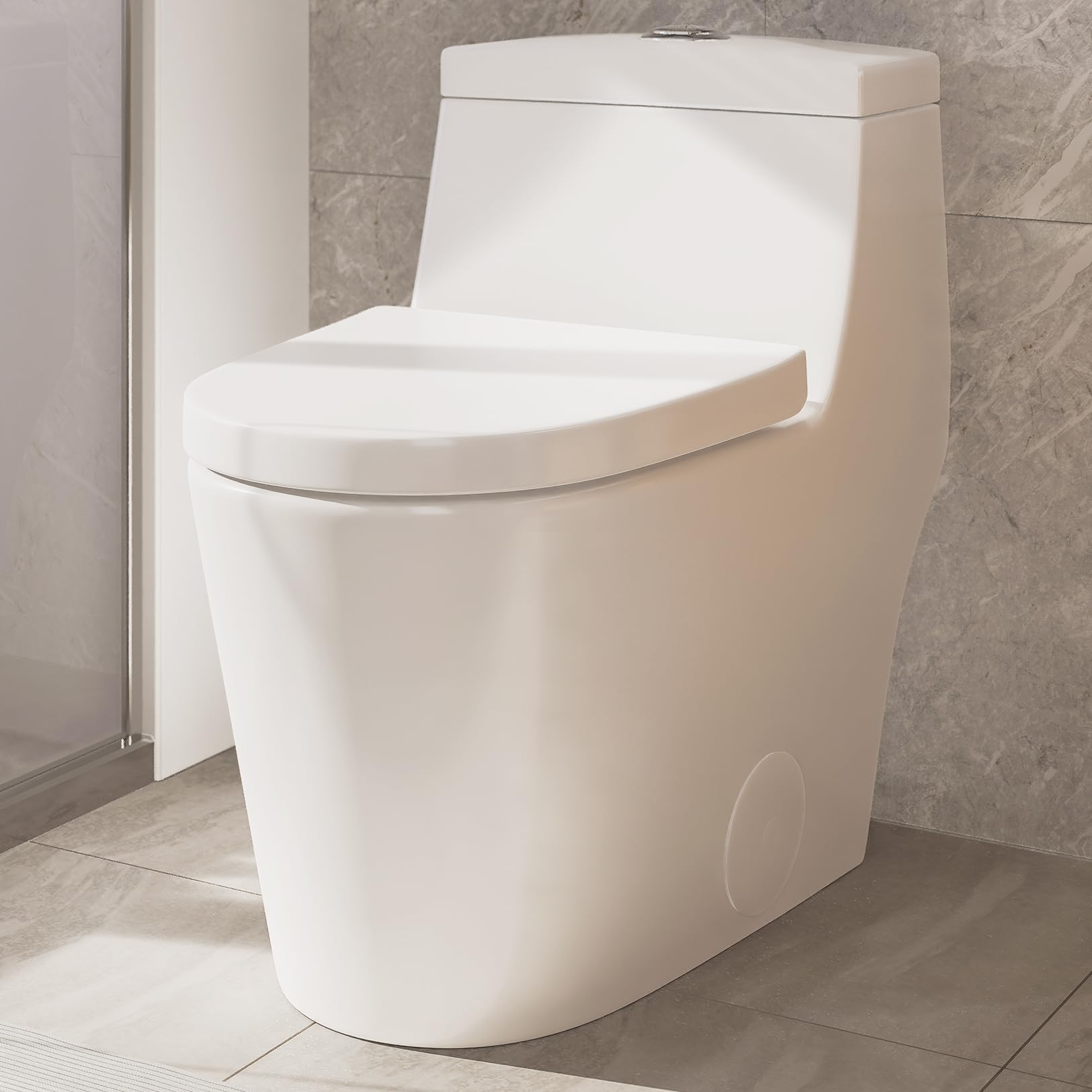 Elongated One Piece Toilet with Soft Closing Seat, 12'' Rough-In Modern Toilet for Bathrooms, 1.28 GPF Dual Flush, MAP 1000g, 28.4 x 15.5 x 26.6 Inches Standard White Toilet bowl