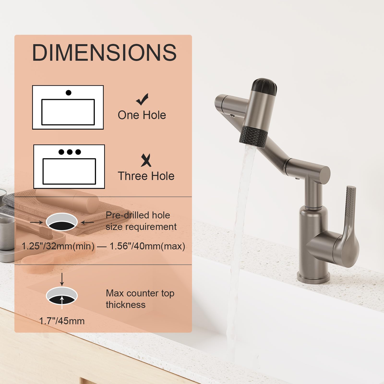 Hawkrown 1080° Rotatable Bathroom Faucet, 1 Hole Single Handle with 4 Water Outlet Modes, Brushed Gray Swivel Arm Faucet for Bathroom Kitchen and RV