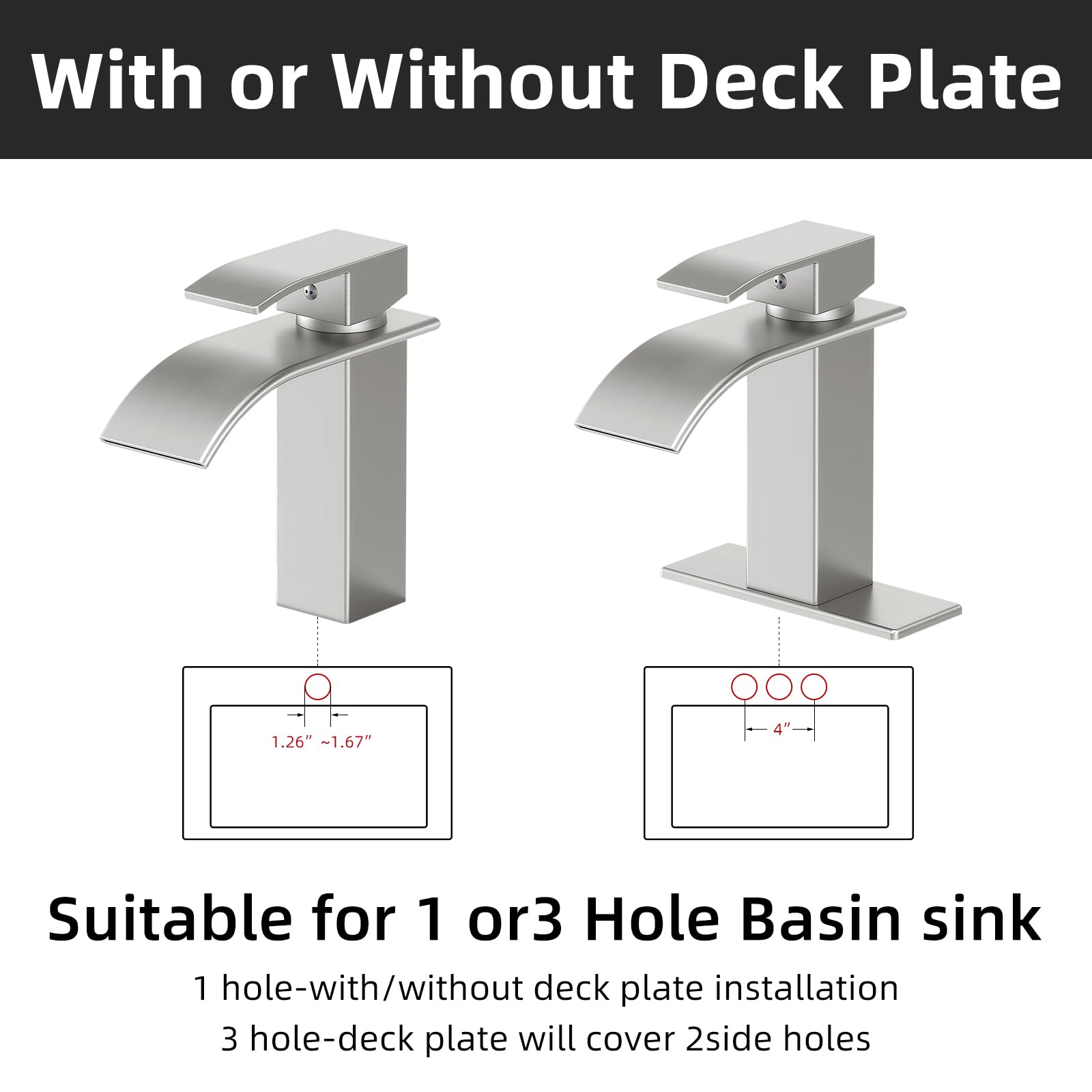Ryuwanku Bathroom Faucet Brushed Nickel Modern Waterfall Bathroom Sink Faucet with Single Handle Suitable for 1 or 3 Holes,Supply Deck Plate and Hose