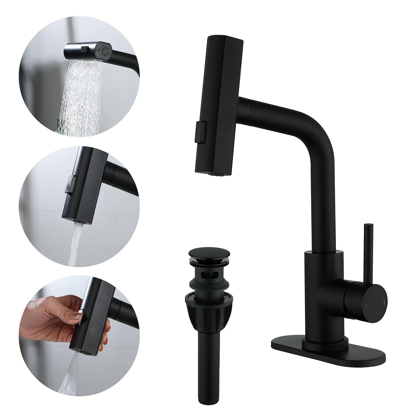 TRIPHIL Waterfall Bathroom Faucets with 3 Mode Pull Down Sprayer,Single Handle Modern Bath Sink Faucet with Pop Up Drain and Deck Plate,Matte Black 1 Hole RV, Bar,Restroom,Lavatory,Vanity Tap