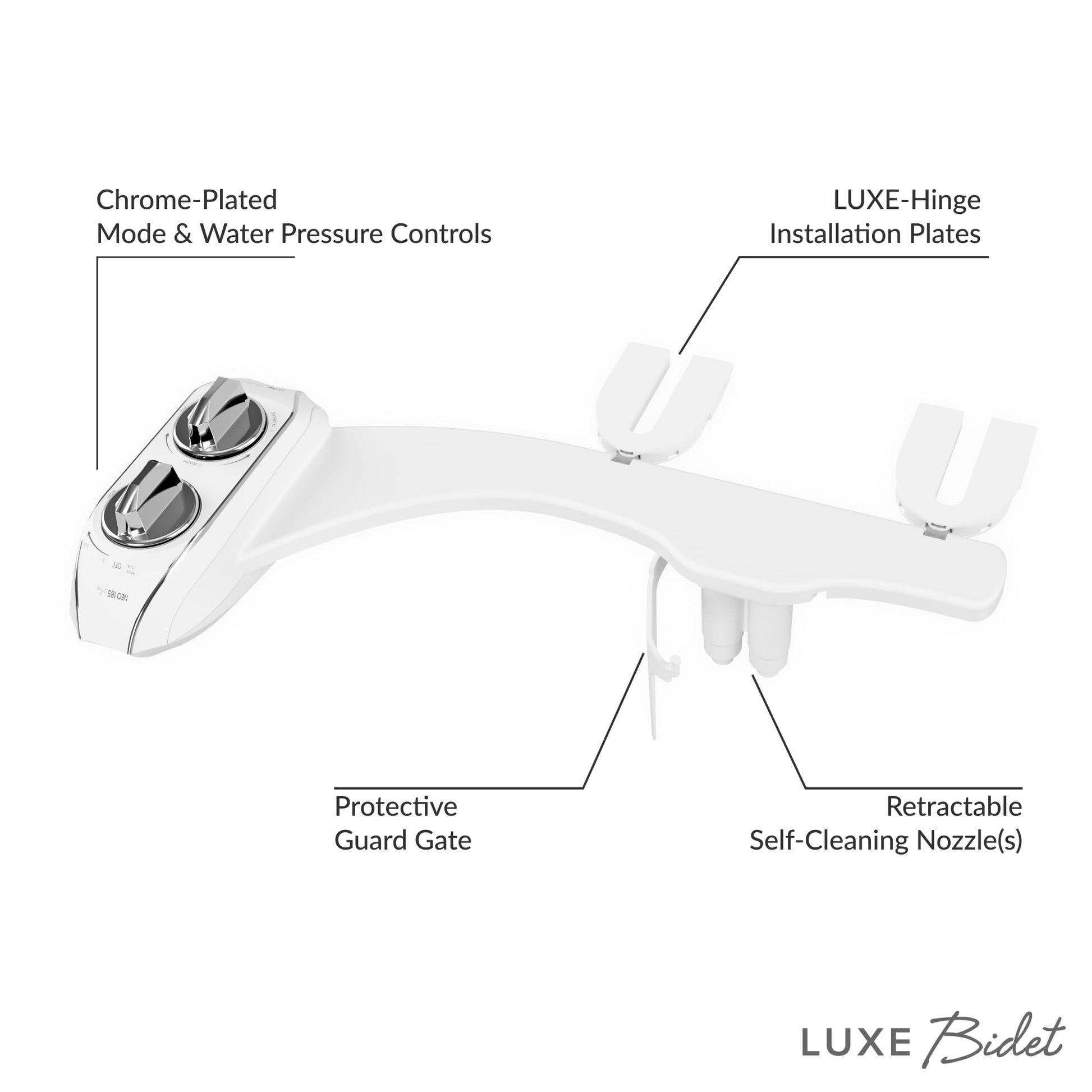 LUXE Bidet NEO 185 Plus - Patented Bidet Attachment for Toilet Seat, Innovative Hinges to Clean, Slide-in Easy Install, Advanced 360° Self-Clean, Dual Nozzles, Feminine & Rear Wash (Chrome)