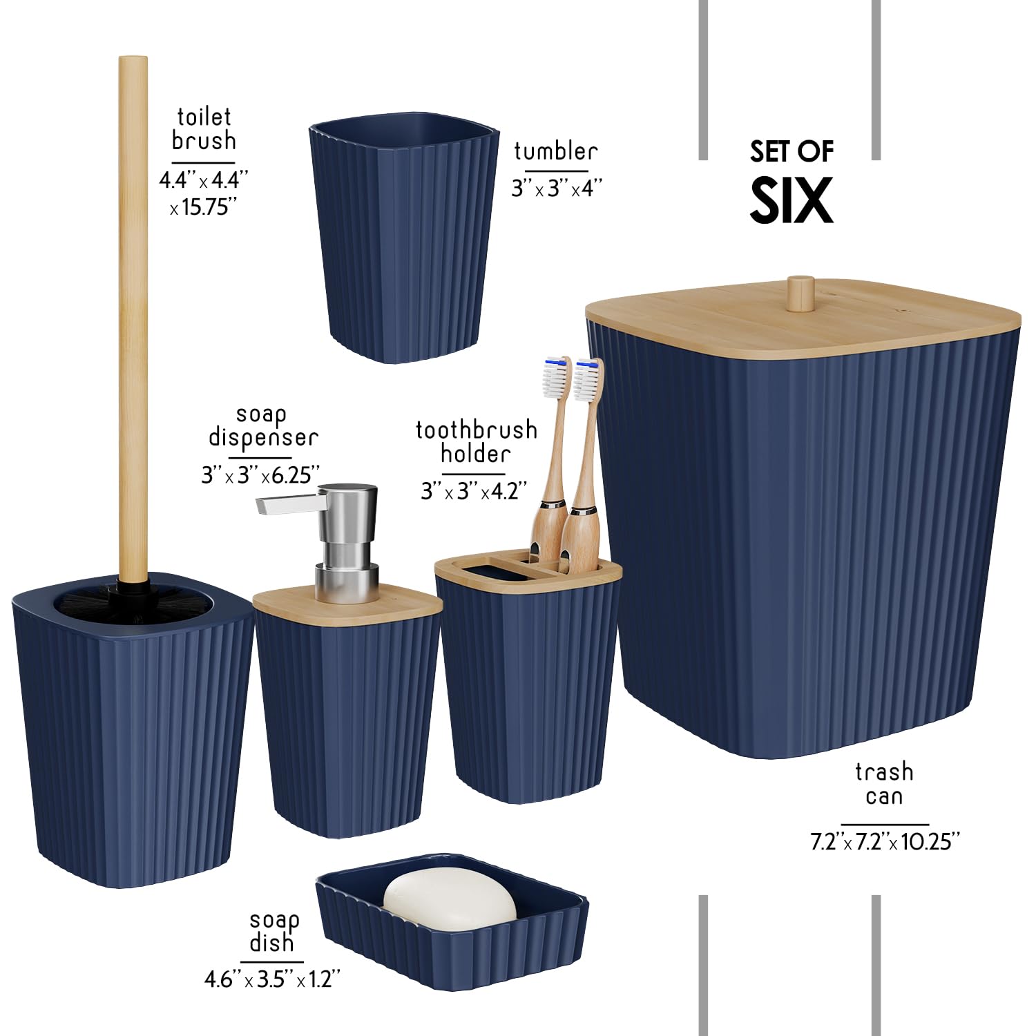 Clara Clark Bathroom Set - Navy Blue Bathroom Accessories Set, 6PC Bathroom Accessory Set, Bathroom Sets with Toilet Brush, Trash Can & Soap Dispenser