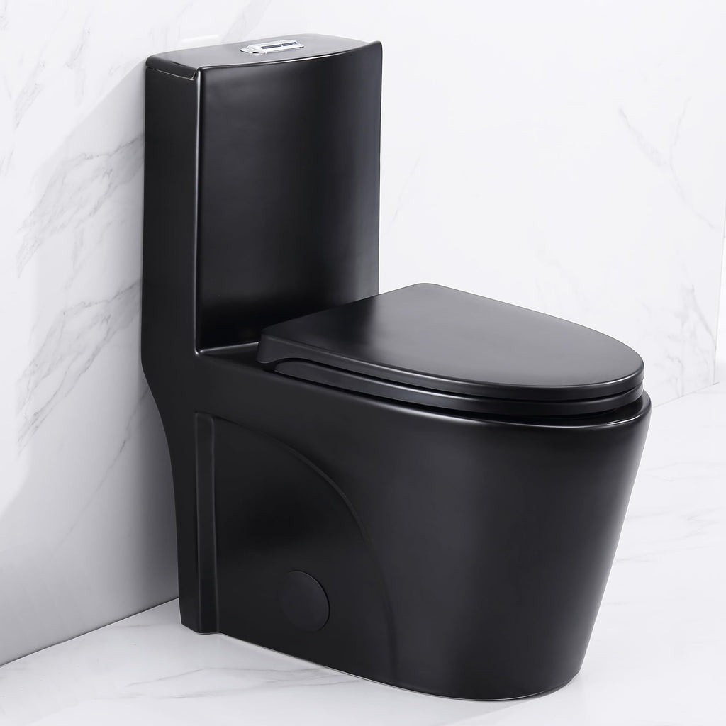 One Piece Toilet, Elongated One-Piece Toilet for Bathrooms, Dual Power Flush Toilet 1.1/1.6 GPF and MAP 900g, Soft Close, Durable Ceramic, Easy-to-Clean Surface (Black)