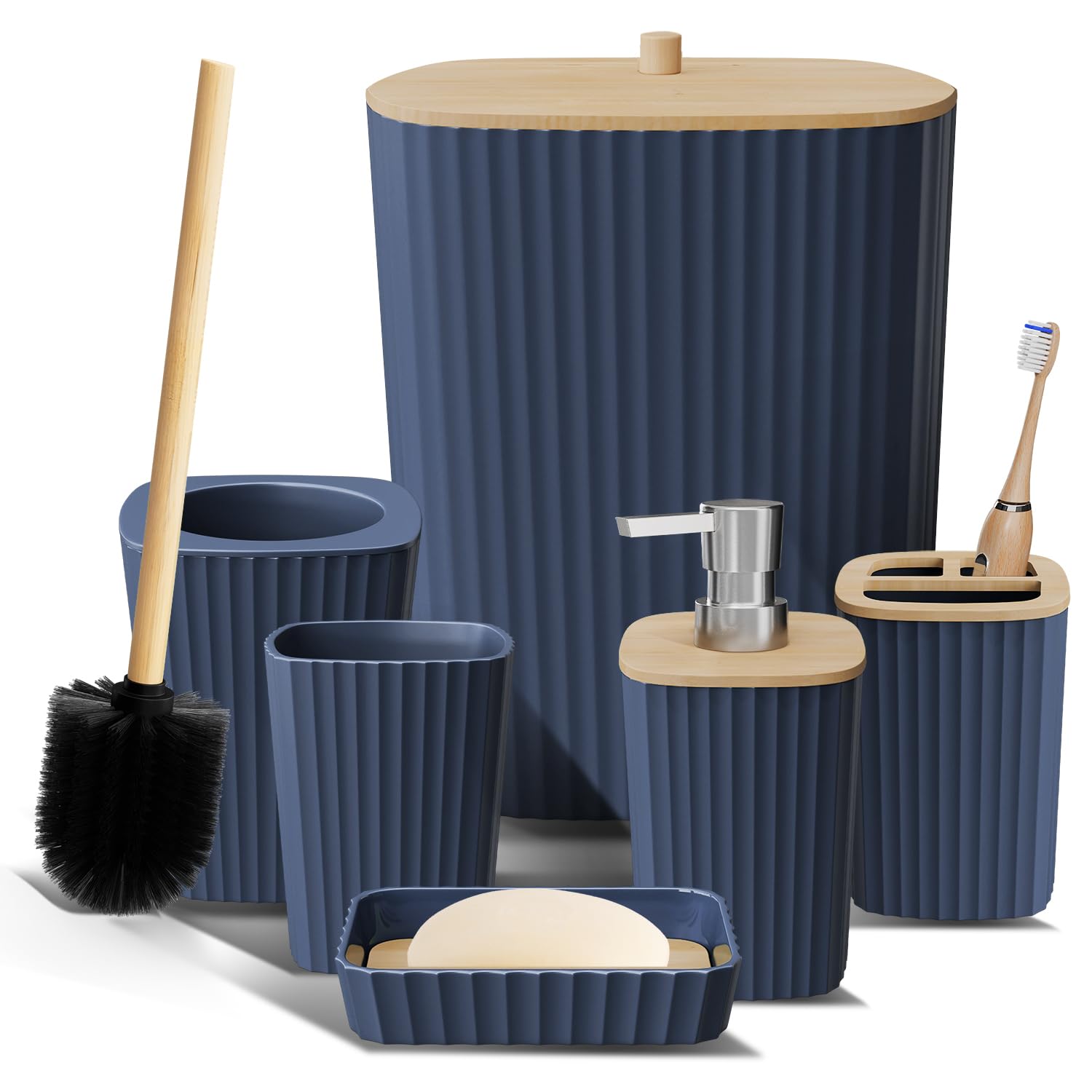 Clara Clark Bathroom Set - Navy Blue Bathroom Accessories Set, 6PC Bathroom Accessory Set, Bathroom Sets with Toilet Brush, Trash Can & Soap Dispenser