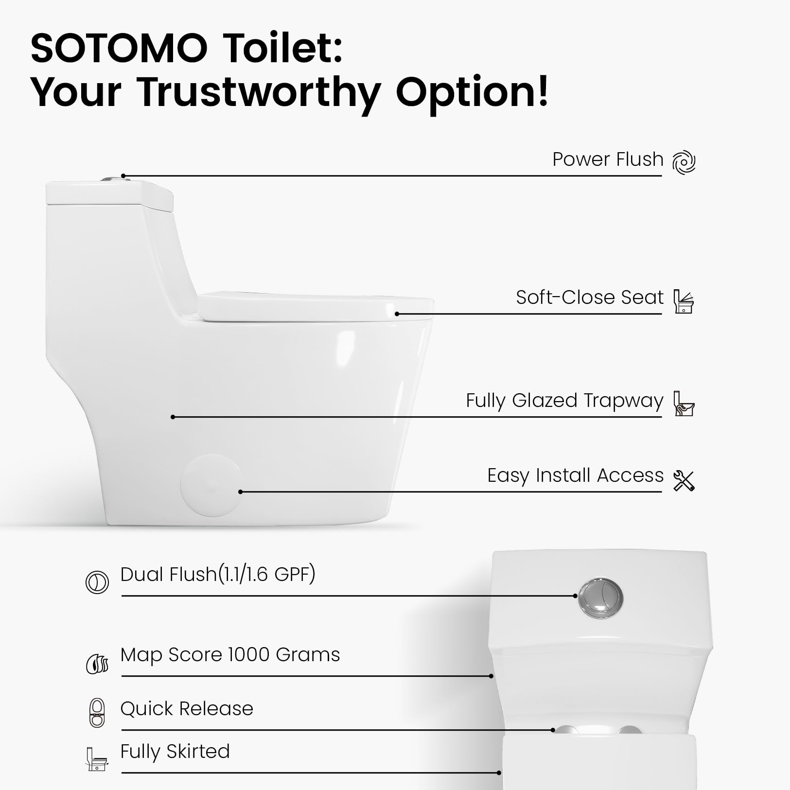 Elongated One Piece Toilet with Soft Closing Seat, 12'' Rough-In Modern Toilet for Bathrooms, 1.28 GPF Dual Flush, MAP 1000g, 28.4 x 15.5 x 26.6 Inches Standard White Toilet bowl