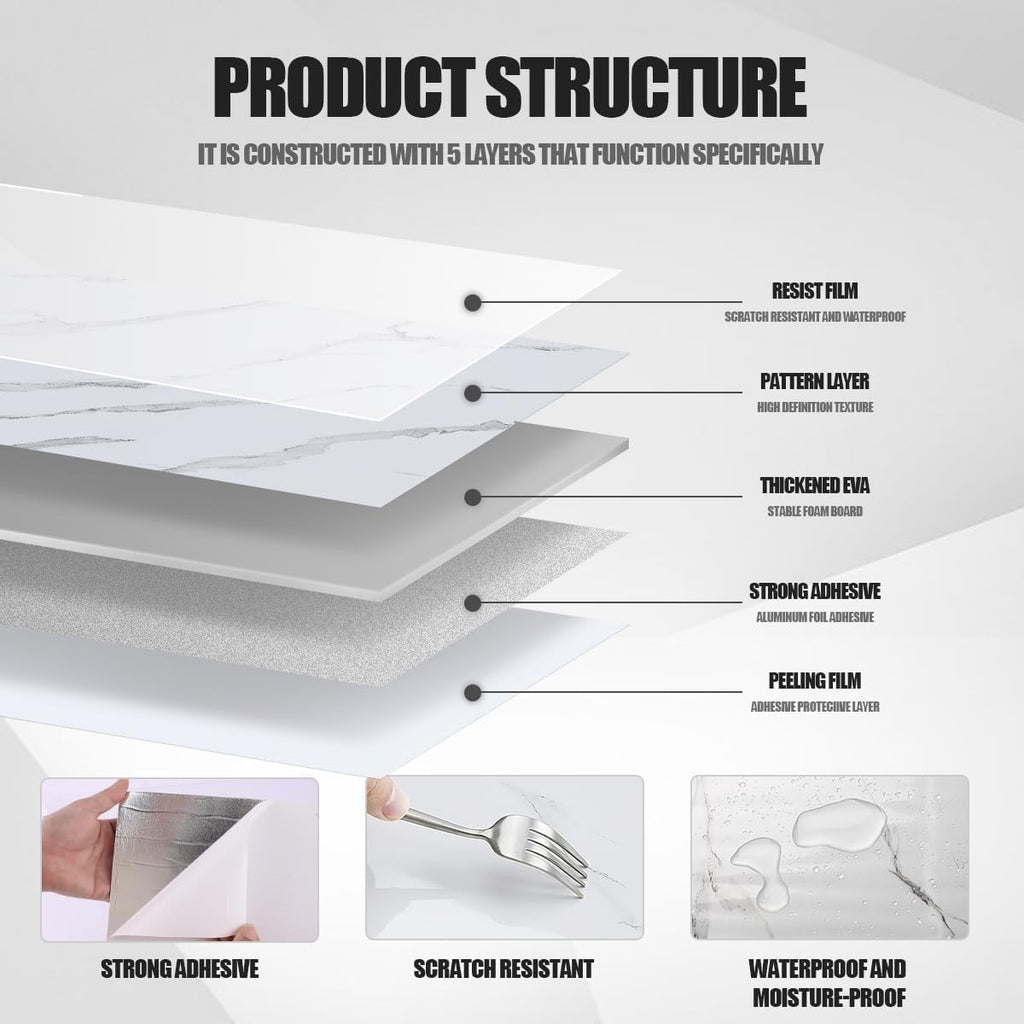 Chejiaye Shower Wall Panels Peel and Stick,Marble Wall Panels for Interior Decor,Backsplash Tile for Kitchen Showers Bathrooms Living Rooms 11.8"x11.8"in 10Pcs,White Gray (Not Real Tile,9.7 Sq.ft)