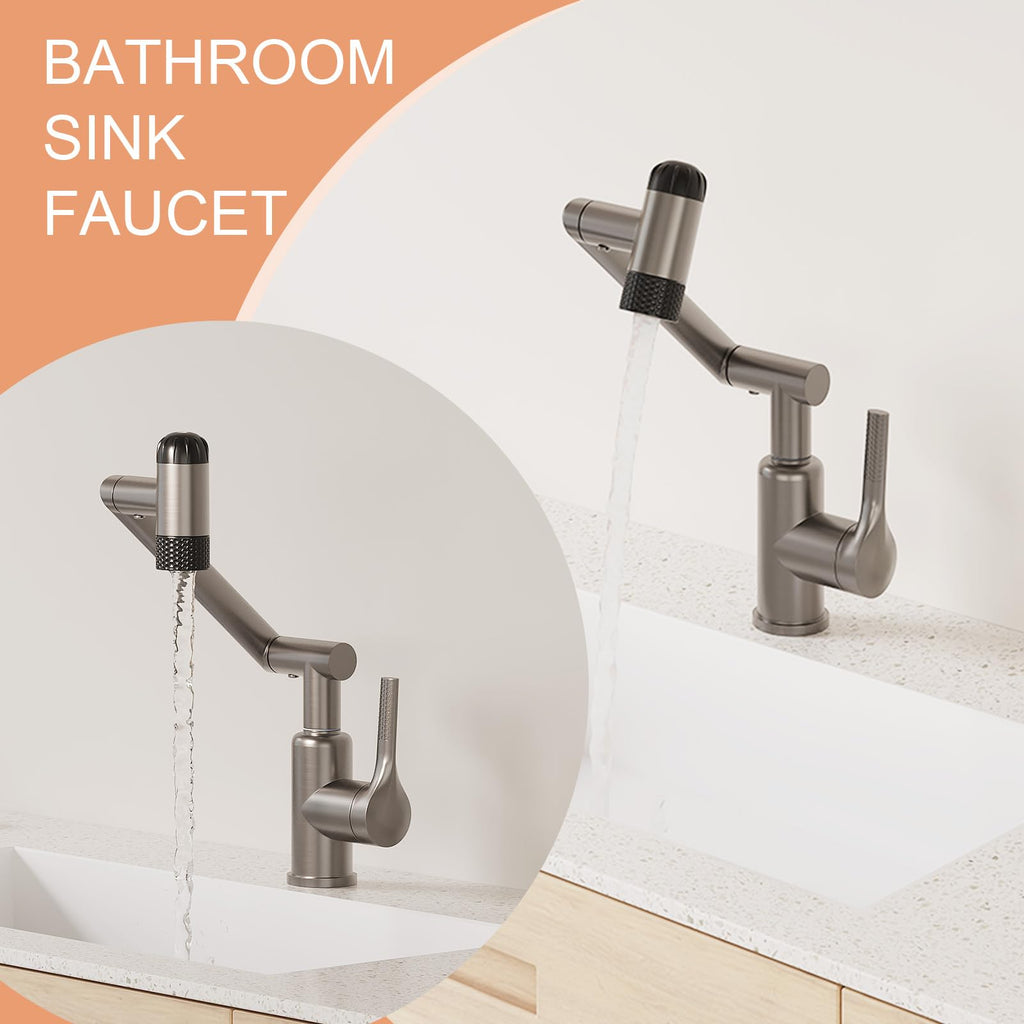 Hawkrown 1080° Rotatable Bathroom Faucet, 1 Hole Single Handle with 4 Water Outlet Modes, Brushed Gray Swivel Arm Faucet for Bathroom Kitchen and RV