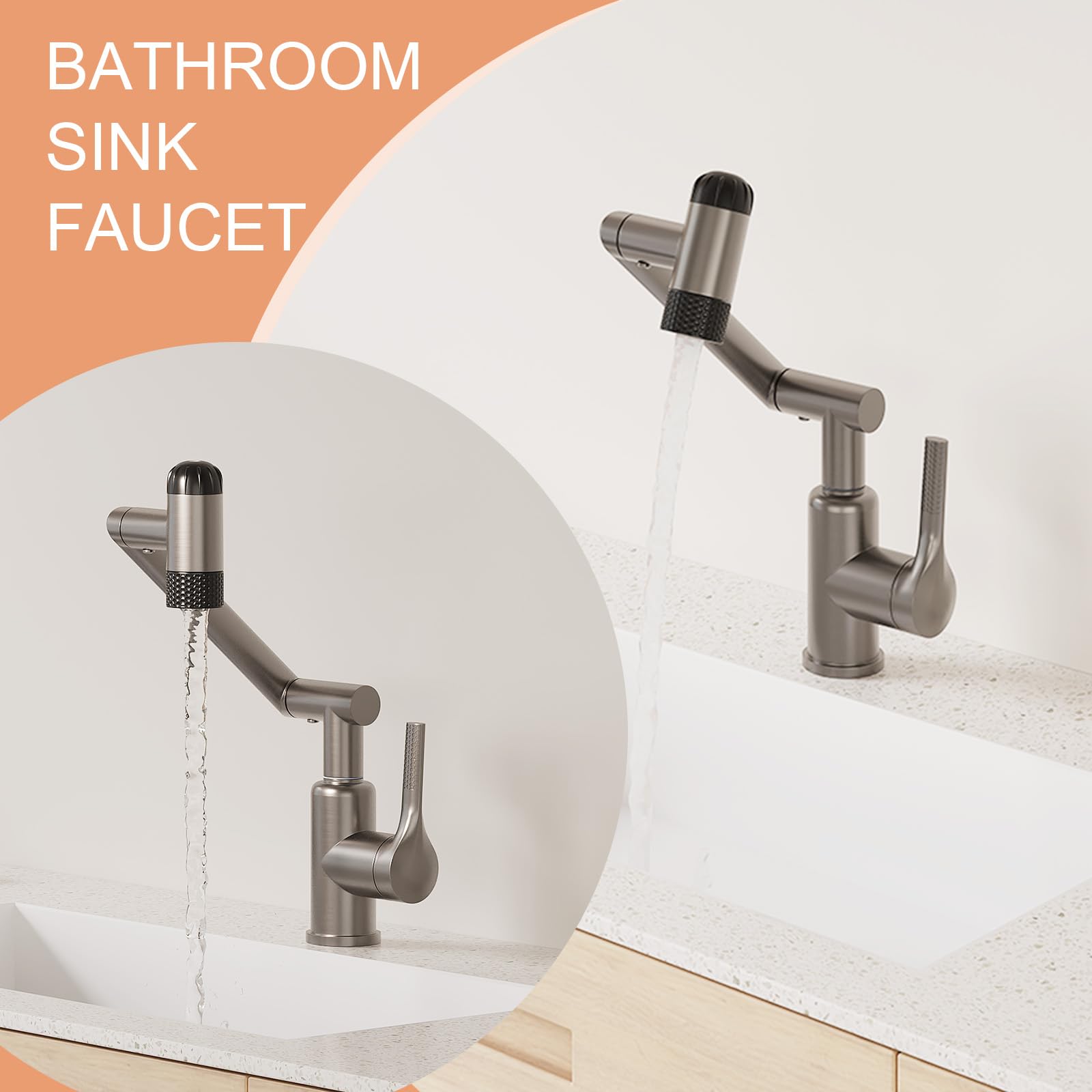 Hawkrown 1080° Rotatable Bathroom Faucet, 1 Hole Single Handle with 4 Water Outlet Modes, Brushed Gray Swivel Arm Faucet for Bathroom Kitchen and RV