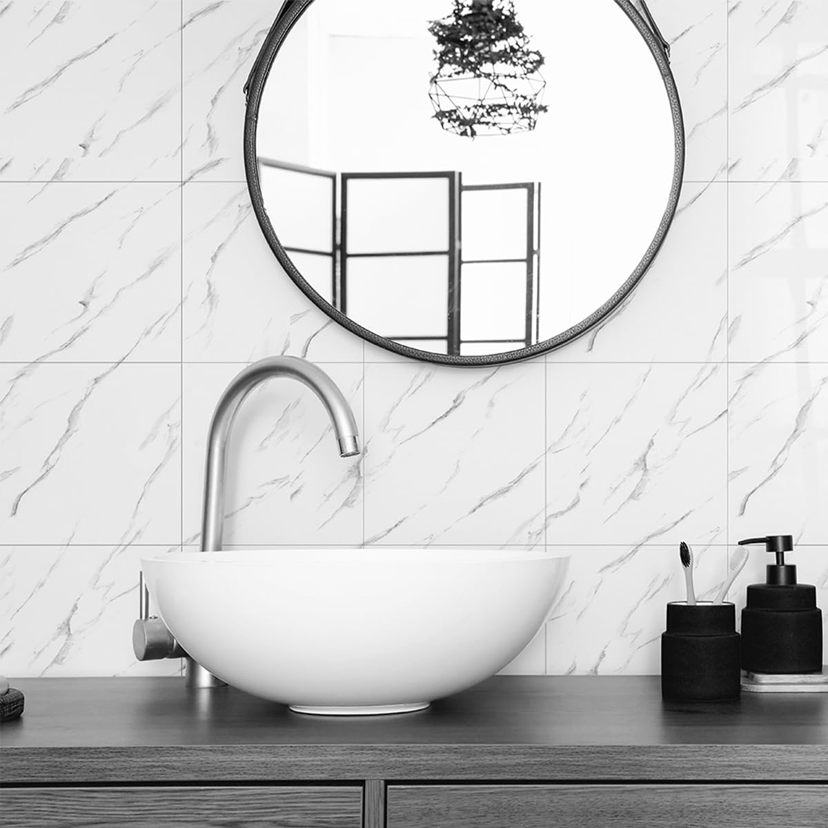 10-Pack Peel and Stick Backsplash Tiles – Glossy PVC Wall Panels, White Shower Tiles, 12" x 12" (9.68 Sq. Ft.), Waterproof Self-Adhesive for Bathroom & Kitchen, Realistic Marble-Like Finish
