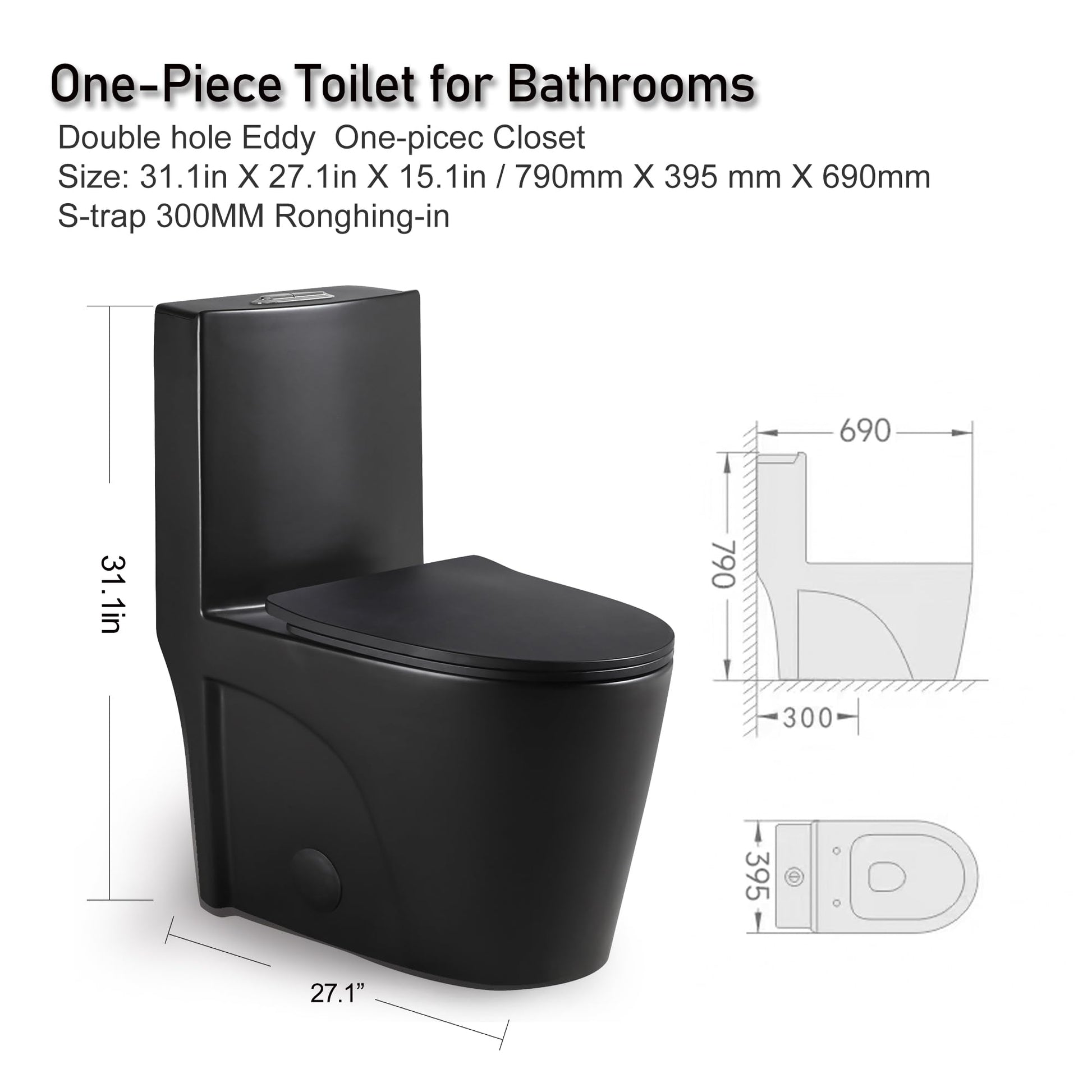 One Piece Toilet, Elongated One-Piece Toilet for Bathrooms, Dual Power Flush Toilet 1.1/1.6 GPF and MAP 900g, Soft Close, Durable Ceramic, Easy-to-Clean Surface (Black)