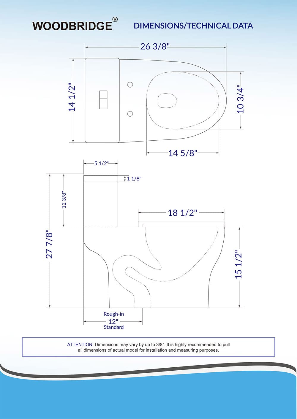WOODBRIDGEE Modern Elongated One piece Toilet Dual flush 1.0/1.6 GPF,with Soft Closing Seat,1000 Gram MaP Flushing Score Toilet with Chrome Button,White,B0750-F-C