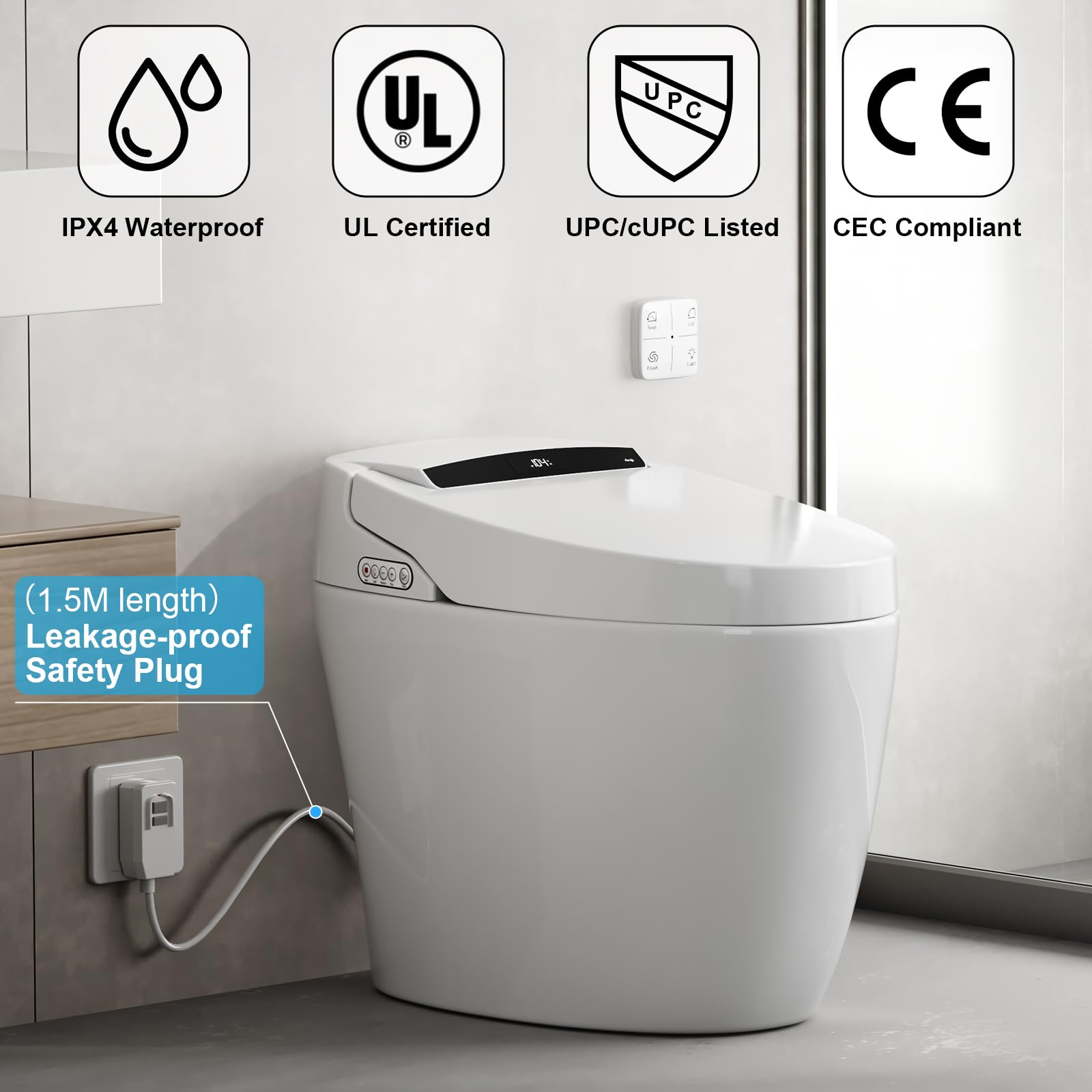Vipbear Smart Toilet with Heated Seat and Night Light, Tankless Toilets for Bathroom, Modern One Piece Toilet Standard Comfort Height Toilet with Auto Flush, Auto Open Close Lid/Seat,Slow Close, ADA