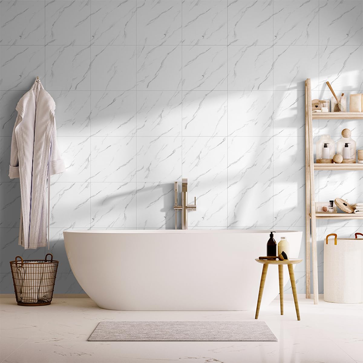 10-Pack Peel and Stick Backsplash Tiles – Glossy PVC Wall Panels, White Shower Tiles, 12" x 12" (9.68 Sq. Ft.), Waterproof Self-Adhesive for Bathroom & Kitchen, Realistic Marble-Like Finish