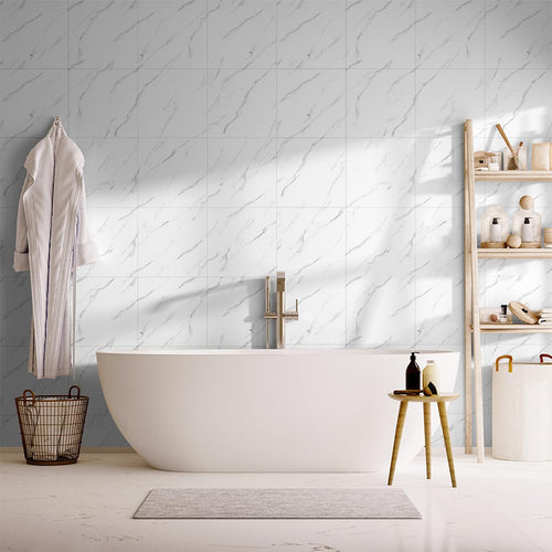 10-Pack Peel and Stick Backsplash Tiles – Glossy PVC Wall Panels, White Shower Tiles, 12" x 12" (9.68 Sq. Ft.), Waterproof Self-Adhesive for Bathroom & Kitchen, Realistic Marble-Like Finish
