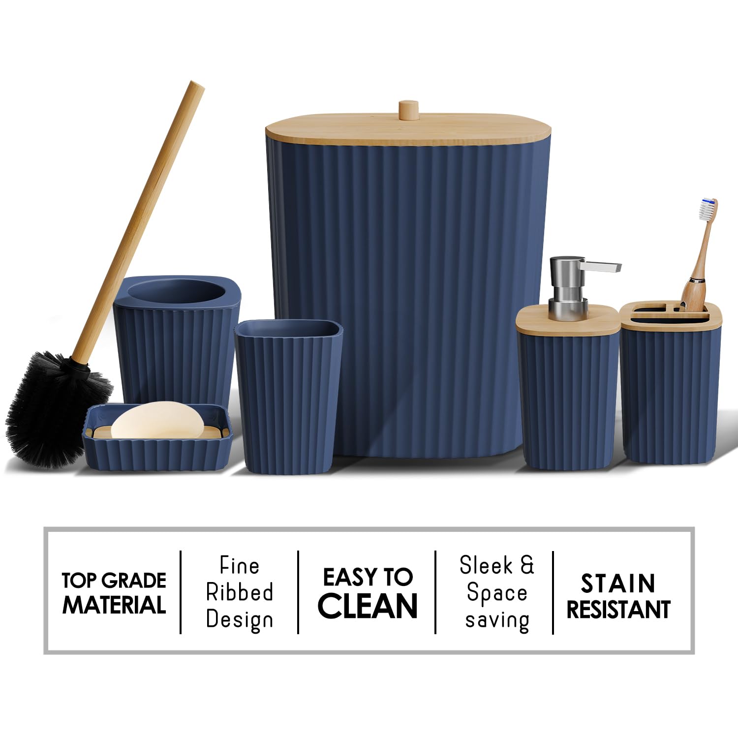 Clara Clark Bathroom Set - Navy Blue Bathroom Accessories Set, 6PC Bathroom Accessory Set, Bathroom Sets with Toilet Brush, Trash Can & Soap Dispenser