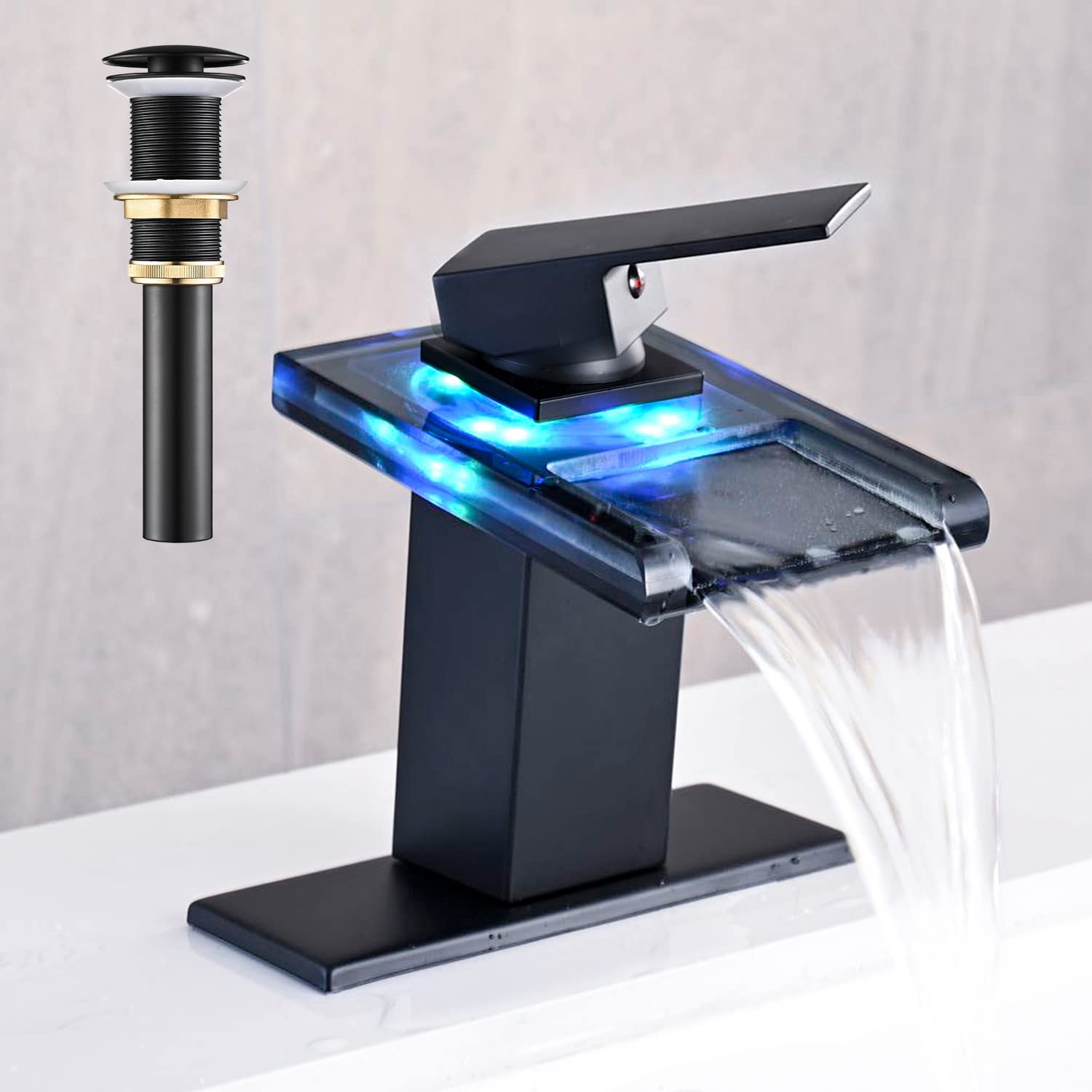 AVSIILE LED Bathroom Sink Faucet, Matte Black Waterfall Single Hole Handle Vanity Faucets for Sinks 1 Hole with Metal Pop Up Drain and 2 Water Supply Lines, Open Glass Spout