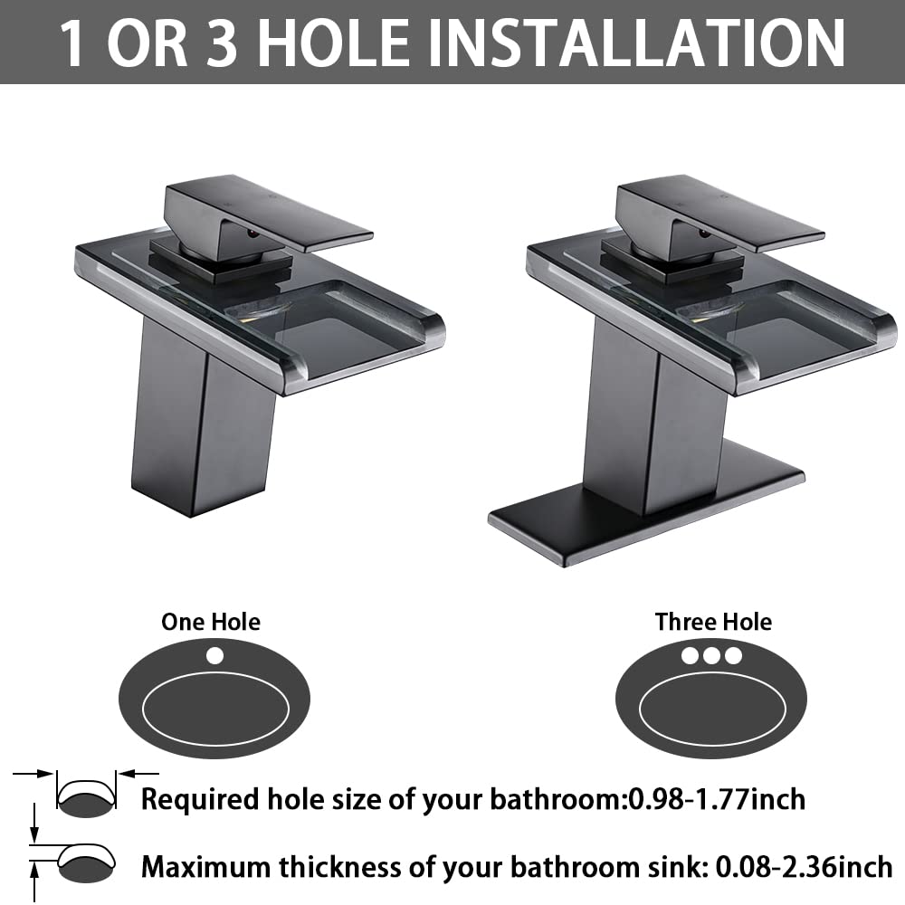 AVSIILE LED Bathroom Sink Faucet, Matte Black Waterfall Single Hole Handle Vanity Faucets for Sinks 1 Hole with Metal Pop Up Drain and 2 Water Supply Lines, Open Glass Spout