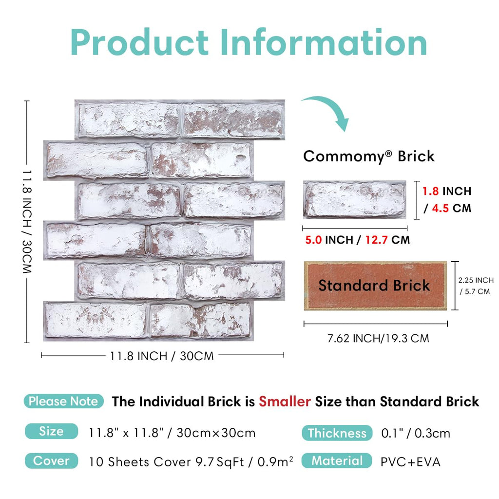 Commomy 10 Pcs 3D Faux Brick Wall Panels -11.8"X11.8" Small Size PVC Peel and Stick Tiles Brick Backsplash DIY Self-Adhesive Wall Tile for Bedroom, Living Room, Kitchen, Fireplace, RV