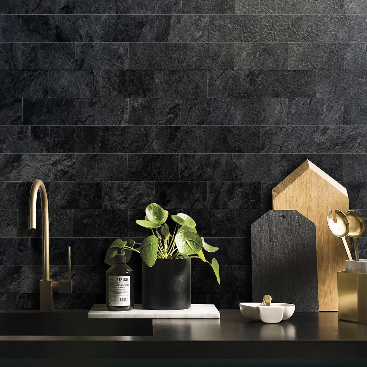AULIGET 100 Piece Black Slate Peel and Stick Backsplash Wall Tiles, 3" x 6" PVC Faux Stone Stick on Tiles for Backsplash Kitchen, Bathroom, Laundry Room, Camper, Fireplace