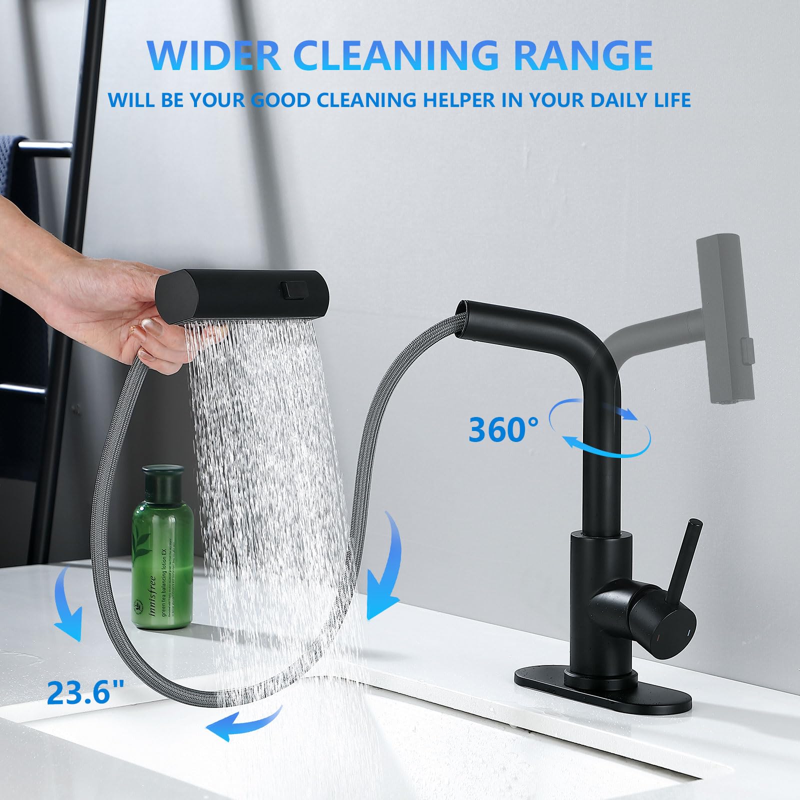 TRIPHIL Waterfall Bathroom Faucets with 3 Mode Pull Down Sprayer,Single Handle Modern Bath Sink Faucet with Pop Up Drain and Deck Plate,Matte Black 1 Hole RV, Bar,Restroom,Lavatory,Vanity Tap
