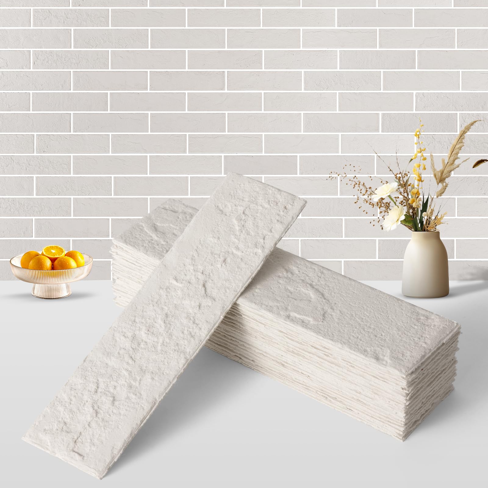 Zoeteoz 17 Pcs Faux Thin Brick Tiles Veneers, 2.38 Sq.Ft, Realistic Brick Texture and Lightweight, Indoor Outdoor Decorative Wall Brick for House Facade, Garage, Chimney, Parterre Wall (Eco-White)