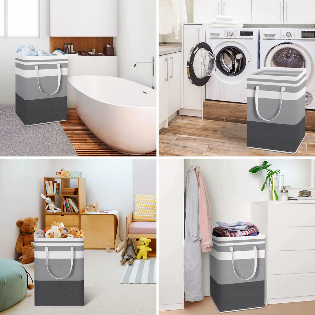 HomeHacks 2 Pack Large Laundry Baskets, Waterproof, Freestanding Laundry Hampers, Collapsible Clothes Hamper with Reinforced Handles in Laundry Room, College Dorm, Bathroom, Bedroom (Grey, 75Lx2)