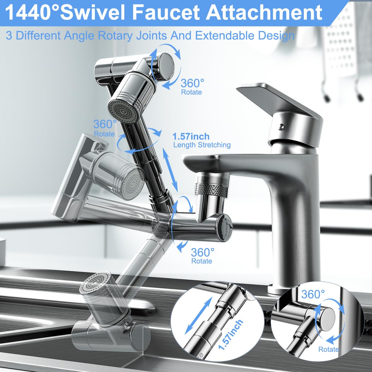 1440° swivel faucet extender, sink faucet aerator extender, swivel extendable filter, with 2 modes splash guard multi-functional universal mechanical arm suitable for kitchen/bathroom/toddlers