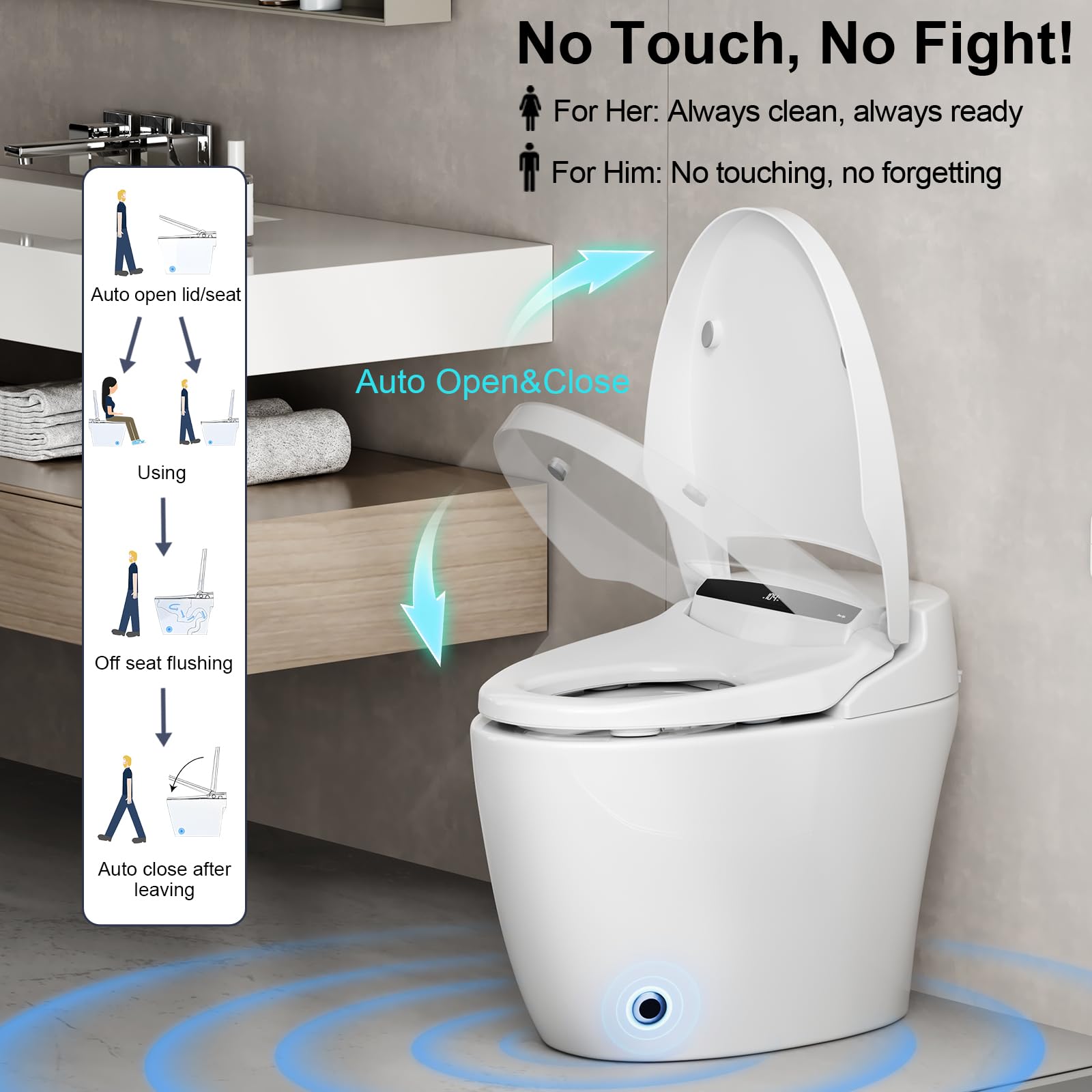 Vipbear Smart Toilet with Heated Seat and Night Light, Tankless Toilets for Bathroom, Modern One Piece Toilet Standard Comfort Height Toilet with Auto Flush, Auto Open Close Lid/Seat,Slow Close, ADA