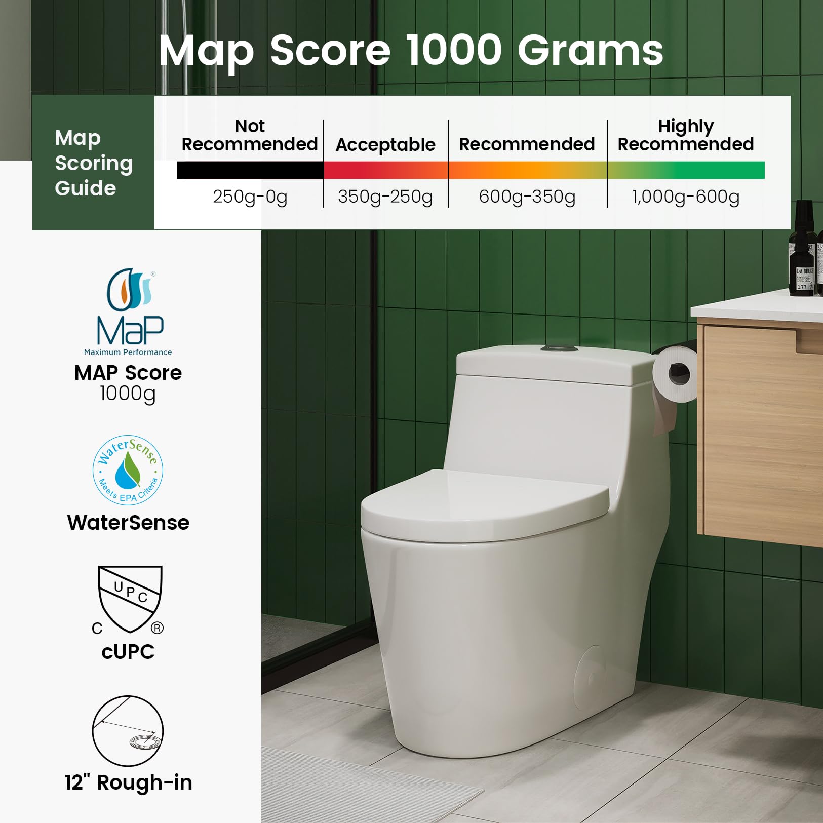 Elongated One Piece Toilet with Soft Closing Seat, 12'' Rough-In Modern Toilet for Bathrooms, 1.28 GPF Dual Flush, MAP 1000g, 28.4 x 15.5 x 26.6 Inches Standard White Toilet bowl
