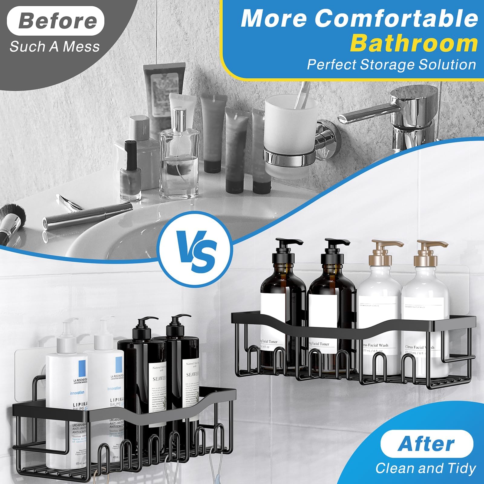 EUDELE Adhesive Shower Caddy, 5 Pack Rustproof Stainless Steel Bath Organizers With Large Capacity, No Drilling Shelves for Bathroom Storage & Home Decor-XL Size