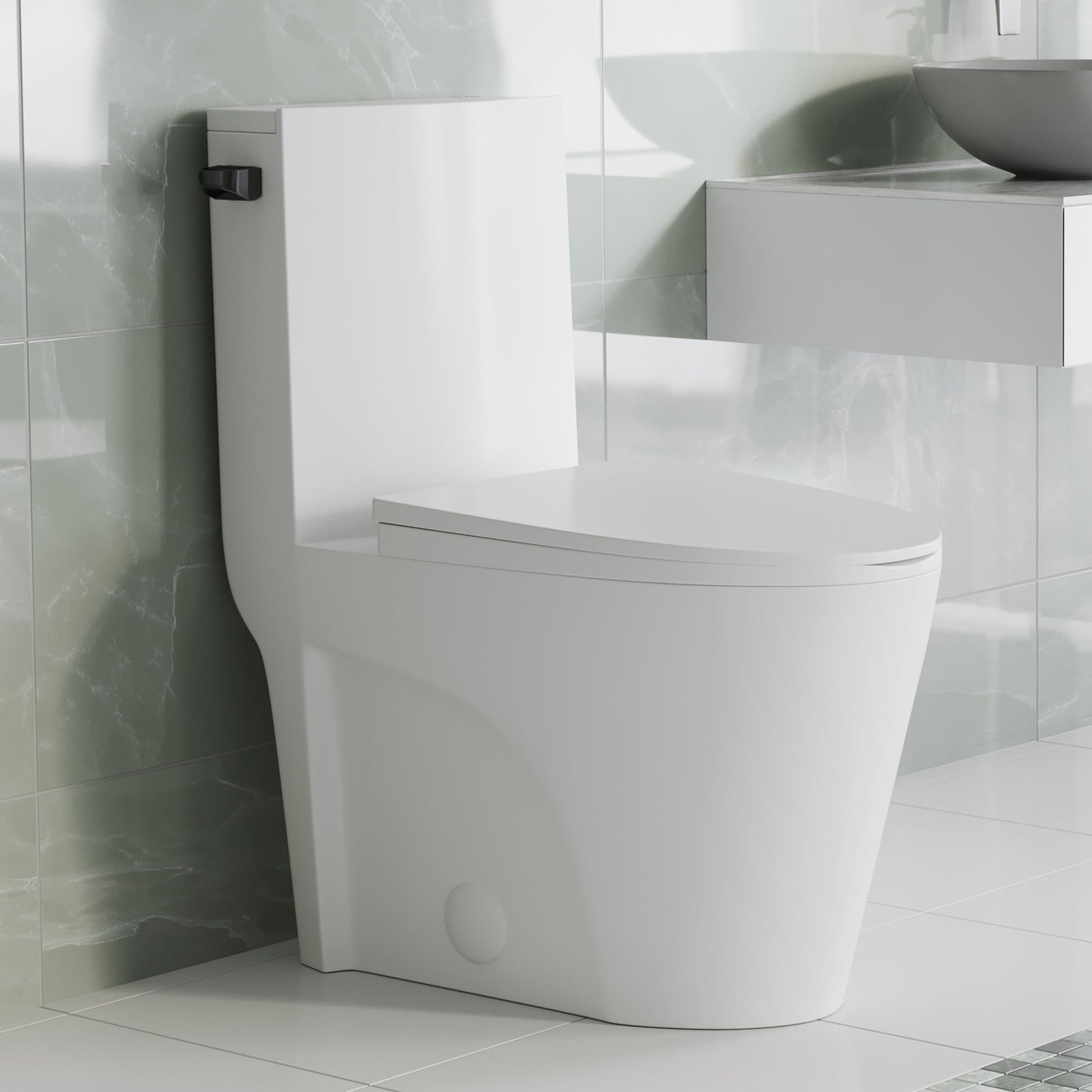 Swiss Madison St. Tropez One Piece Elongated Toilet Side Flush 1.28 gpf with Black Hardware, Glossy White