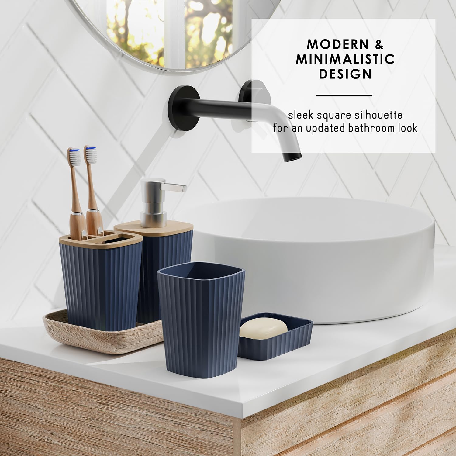 Clara Clark Bathroom Set - Navy Blue Bathroom Accessories Set, 6PC Bathroom Accessory Set, Bathroom Sets with Toilet Brush, Trash Can & Soap Dispenser