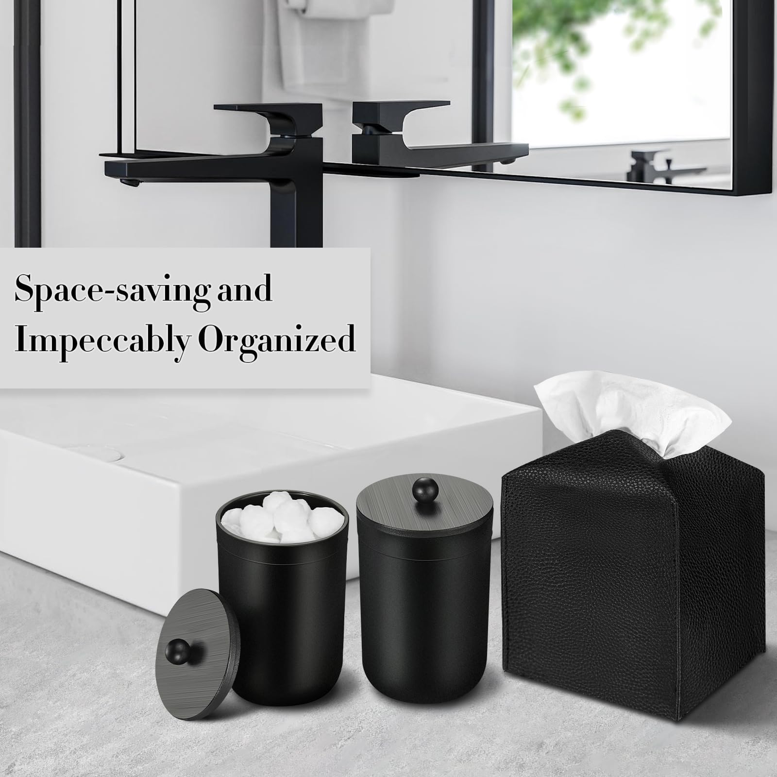 ALPIRIRAL Black Bathroom Accessories Set, 10Pcs Bathroom Accessory Set with Trash Can, Soap Dispenser and Toothbrush Holder, Soap Dish, Cotton Ball & Qtip Holder, Toilet Brush Holder, Tissue Box Cover