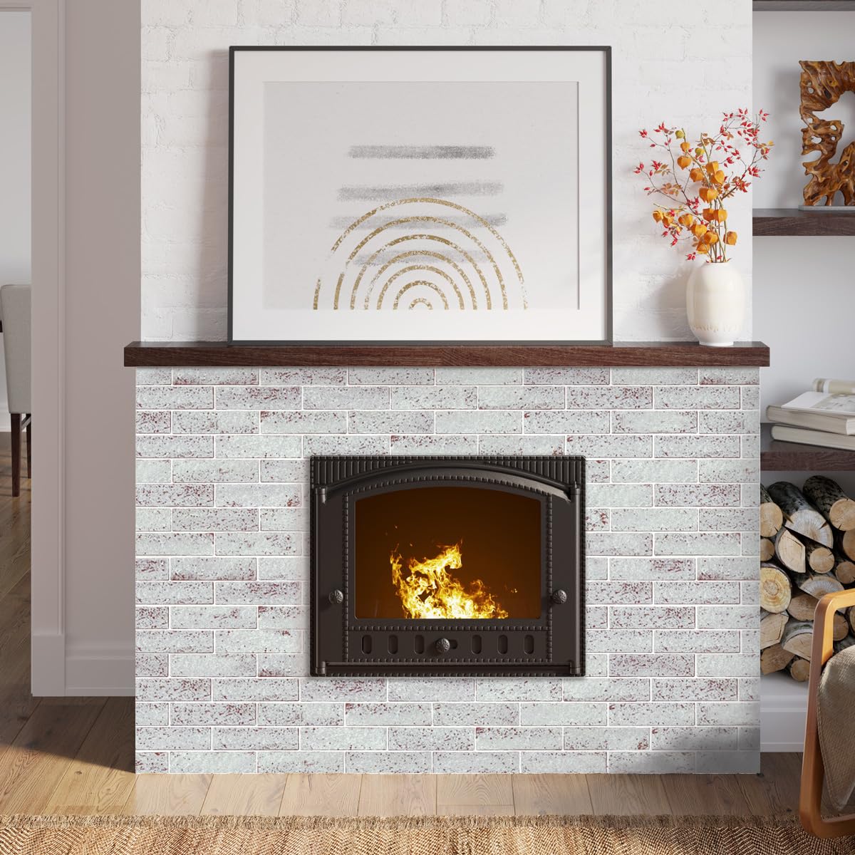 TORURAL 100 Whitewash Red Faux Brick Wall Tiles, 3D Thin Brick Veneers for Bedroom, Bathroom, Kitchen, Fireplace and Fence Wall Panels (14.2 sq ft)