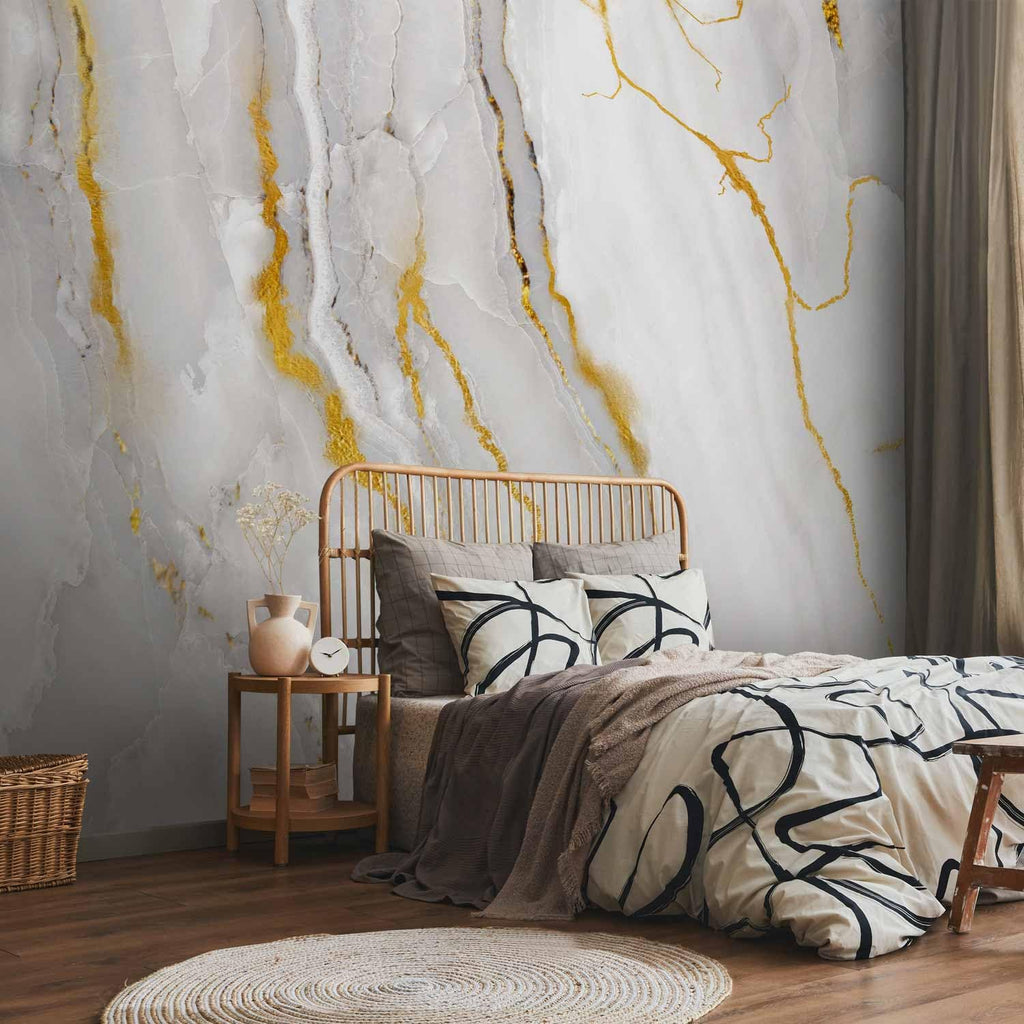 artgeist Premium Wall Mural Stone Wall 138x101 in - Non-Woven Wallpaper Fleece Wall Decor Photo Print Picture Image Design Marble Like Abstract 3D Effect White f-C-0459-a-a